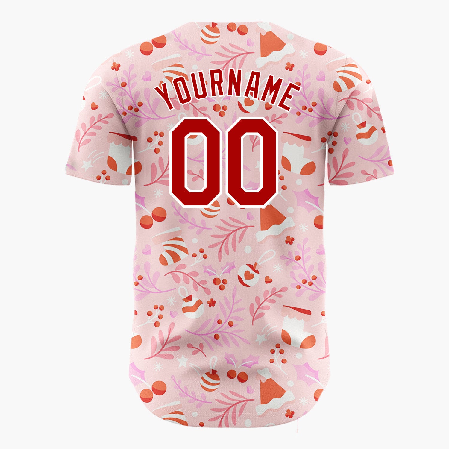 Custom Pink Red Ornaments Stockings And Berries Festive Pattern Christmas Baseball Jersey