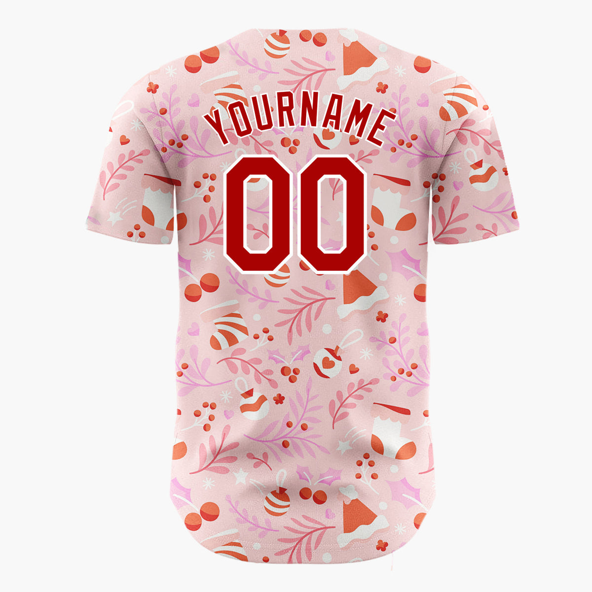 Custom Pink Red Ornaments Stockings And Berries Festive Pattern Christmas Baseball Jersey