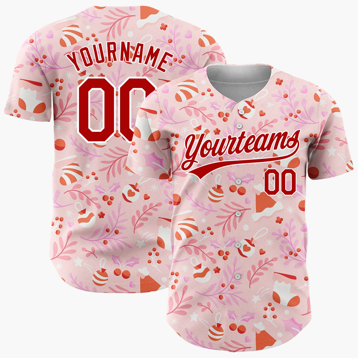 Custom Pink Red Ornaments Stockings And Berries Festive Pattern Christmas Baseball Jersey