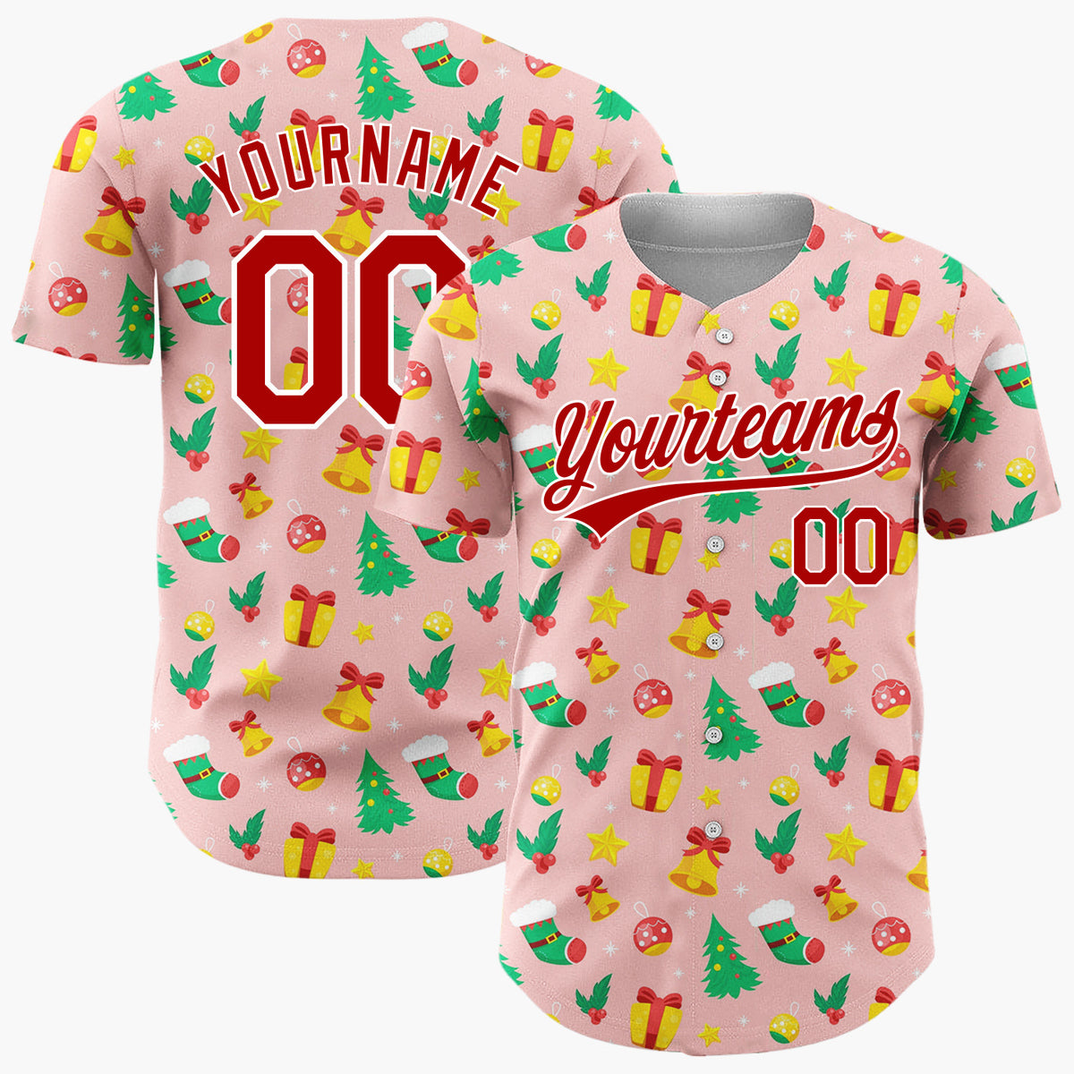 Custom Pink Christmas Trees Doodles Cartoon Pattern Christmas Baseball Jersey
