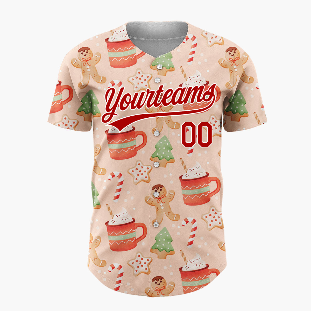 Custom Peach Brown Gingerbread Men Hot Cocoa And Candy Canes Cozy Christmas Baseball Jersey