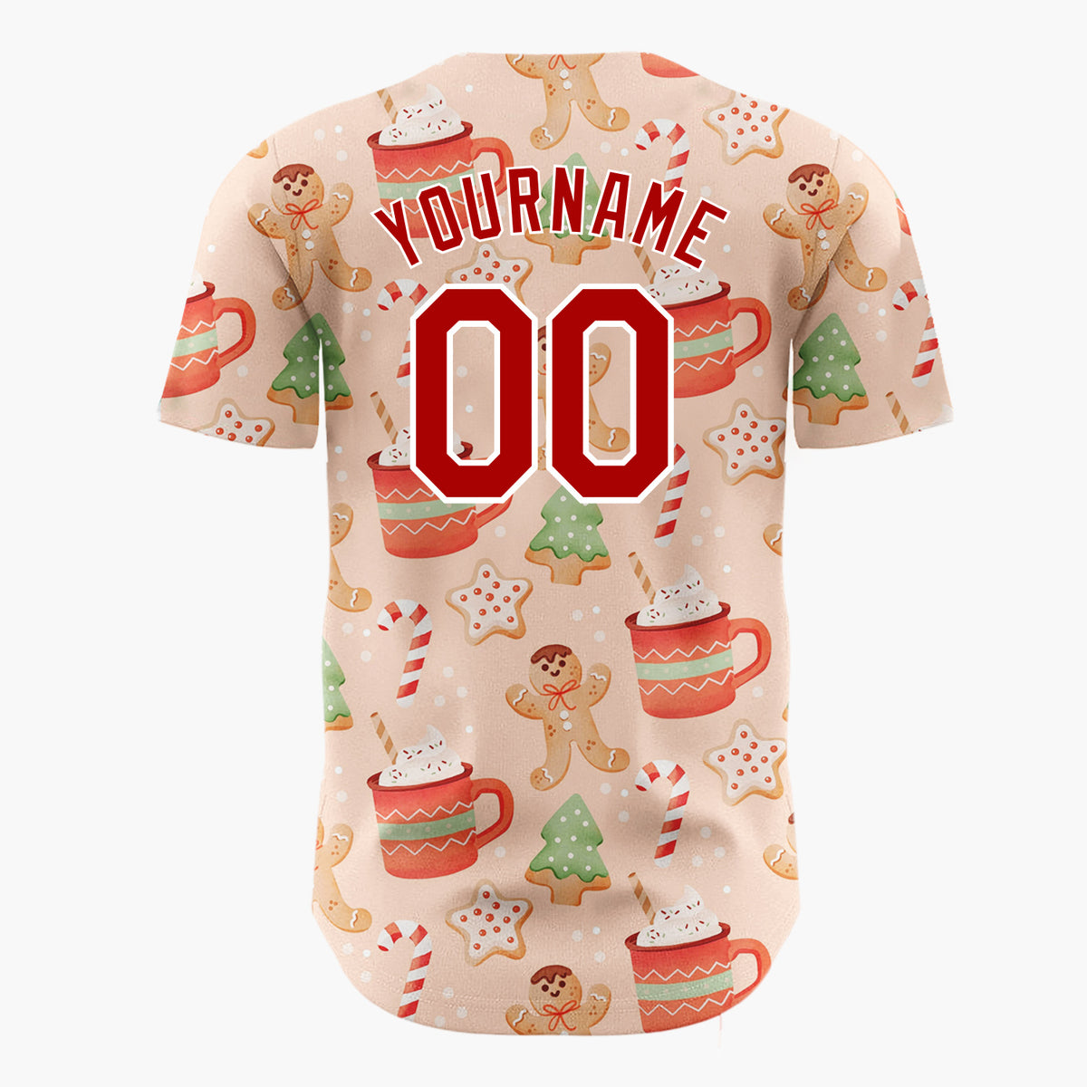 Custom Peach Brown Gingerbread Men Hot Cocoa And Candy Canes Cozy Christmas Baseball Jersey