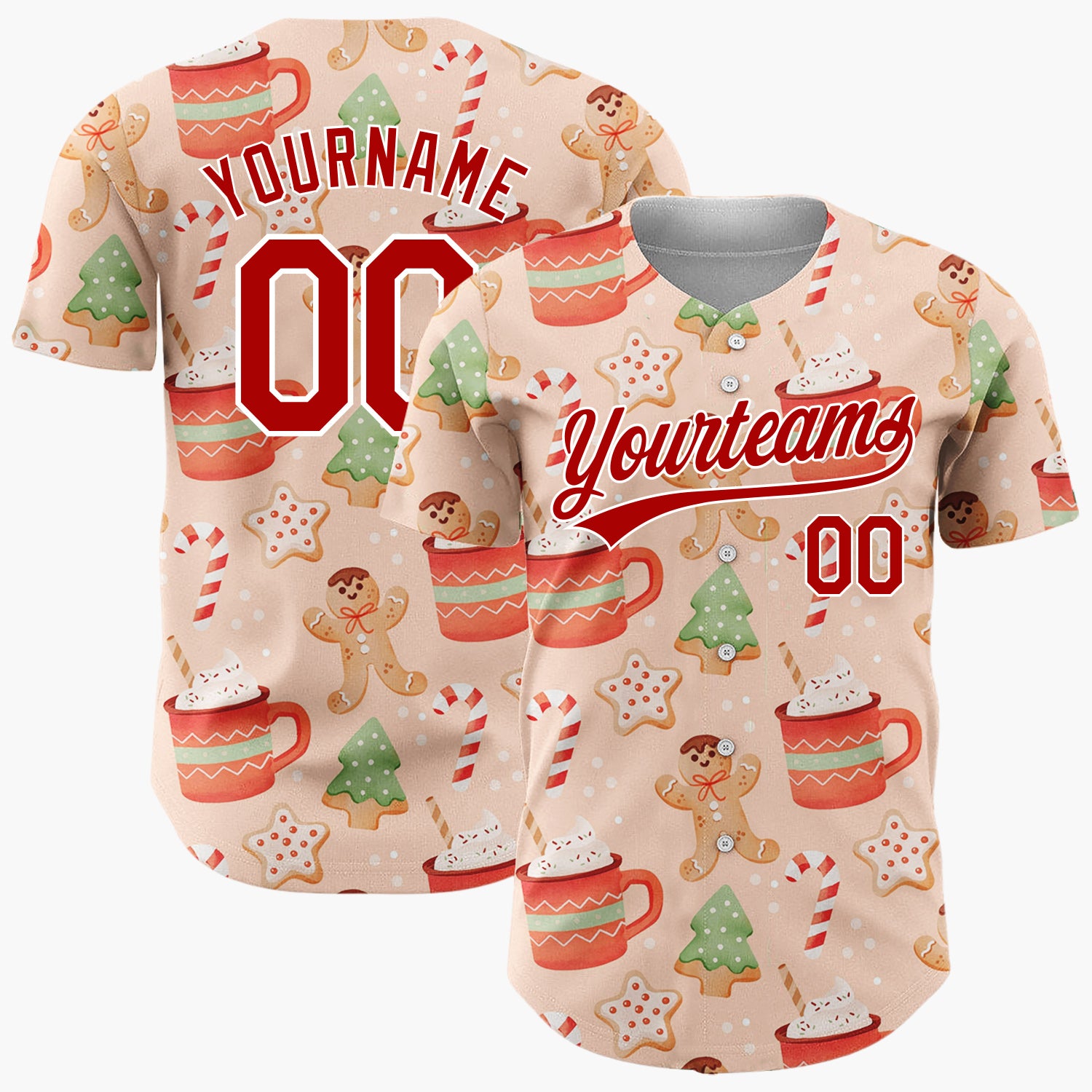 Custom Peach Brown Gingerbread Men Hot Cocoa And Candy Canes Cozy Christmas Baseball Jersey
