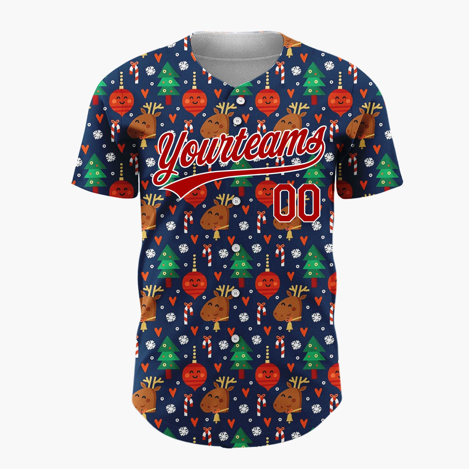 Custom Navy Reindeer Trees Candy Canes And Ornaments Cute Christmas Baseball Jersey