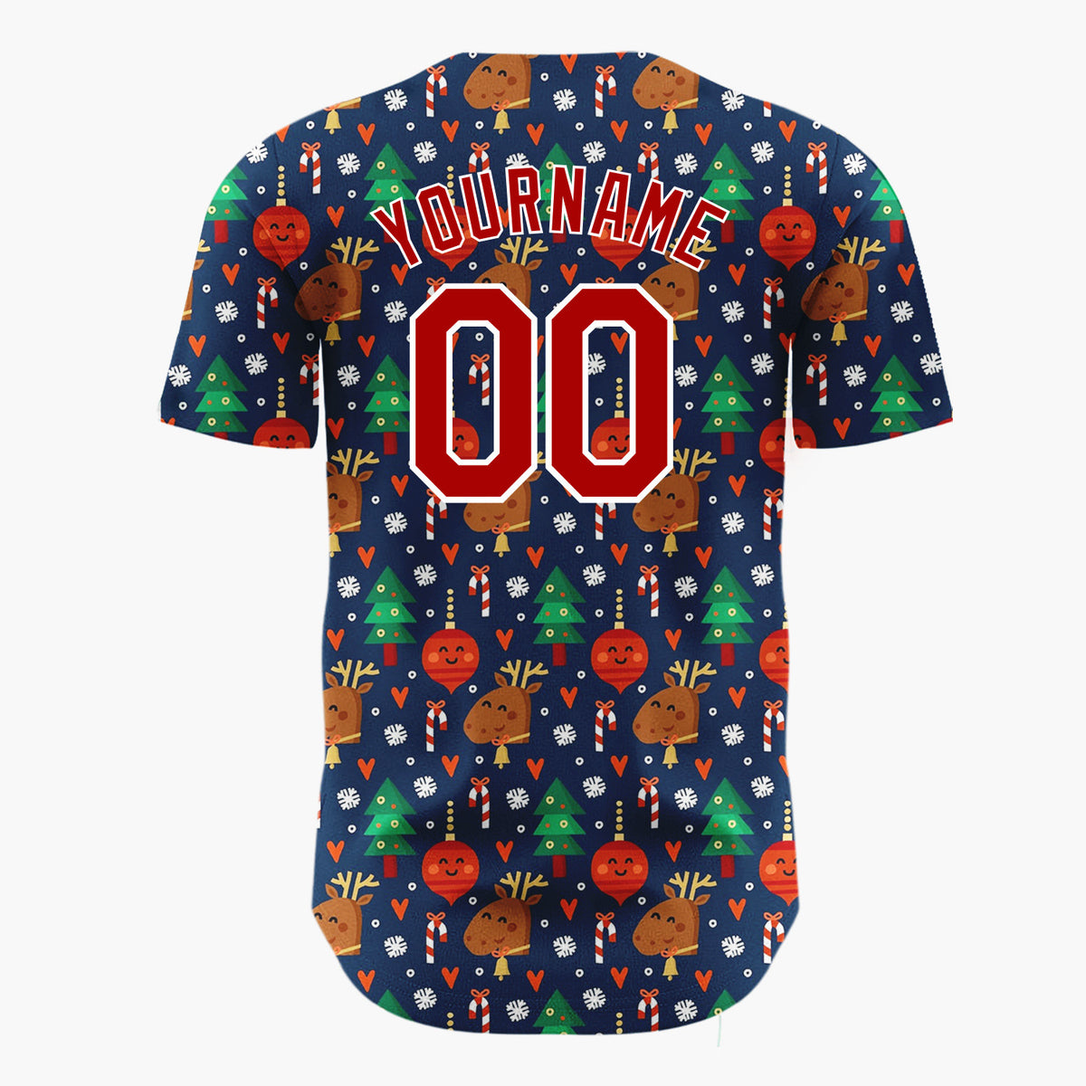 Custom Navy Reindeer Trees Candy Canes And Ornaments Cute Christmas Baseball Jersey