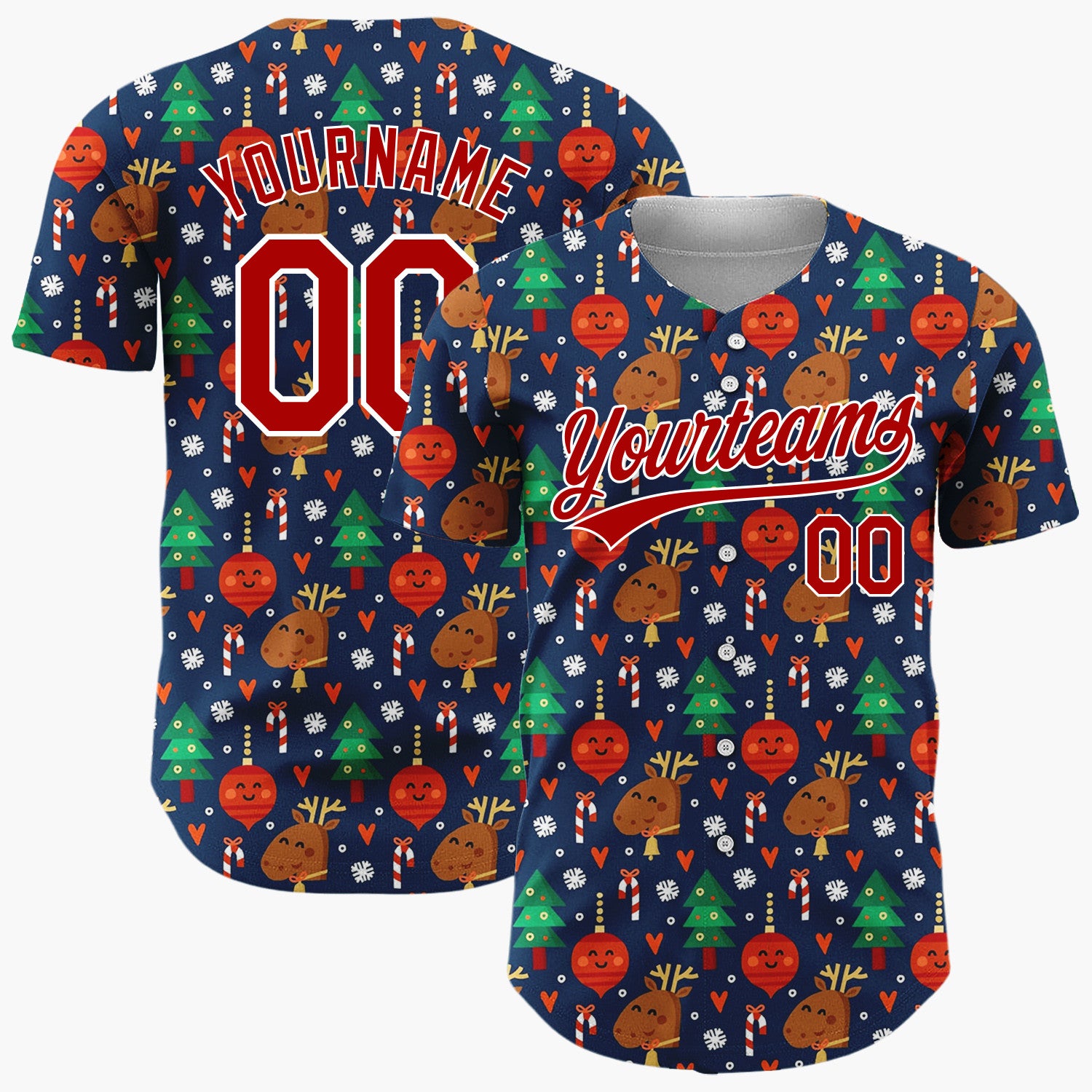 Custom Navy Reindeer Trees Candy Canes And Ornaments Cute Christmas Baseball Jersey
