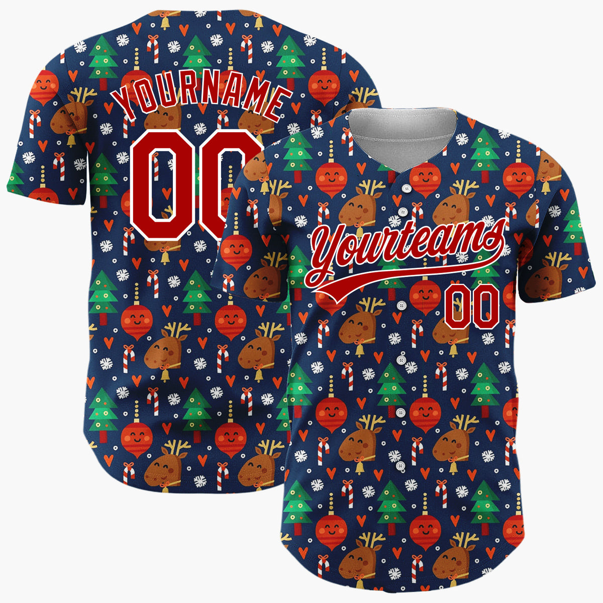 Custom Navy Reindeer Trees Candy Canes And Ornaments Cute Christmas Baseball Jersey