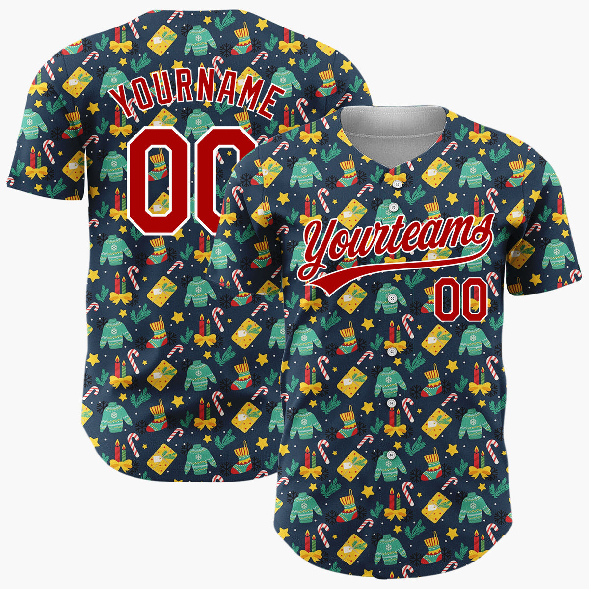 Custom Navy Green Yellow Sweaters Gifts And Candles Warm Winter Christmas Baseball Jersey