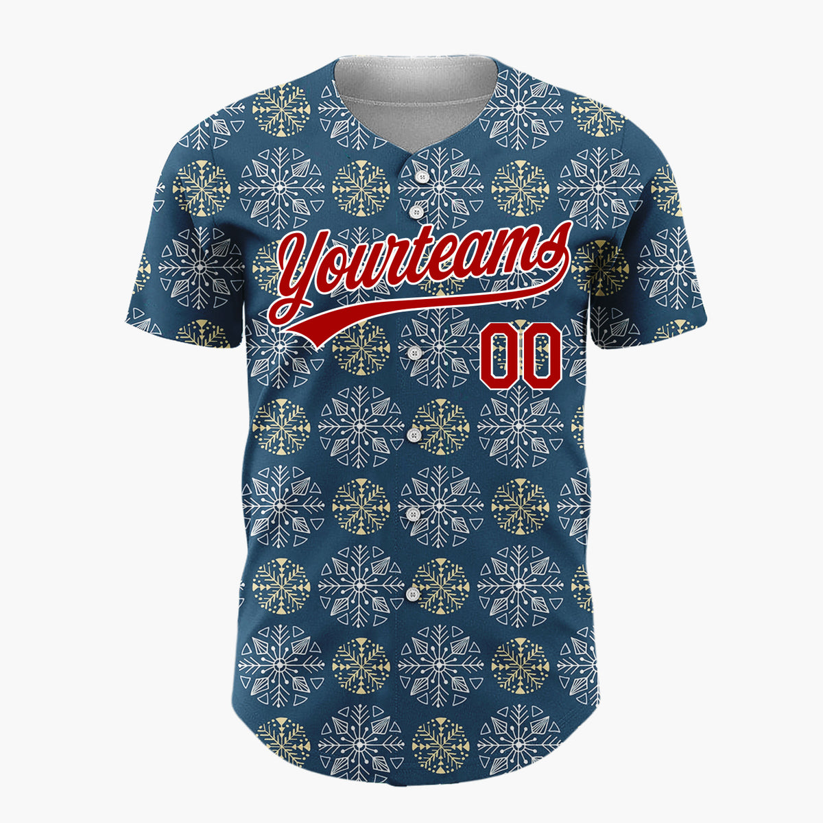 Custom Navy White And Gold Snowflake Geometric Pattern Christmas Baseball Jersey
