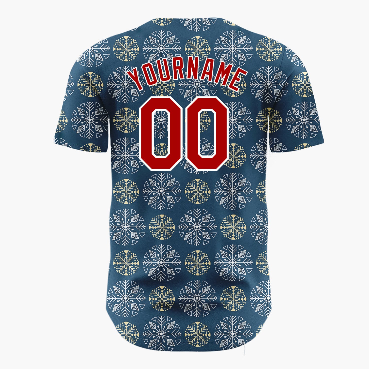 Custom Navy White And Gold Snowflake Geometric Pattern Christmas Baseball Jersey