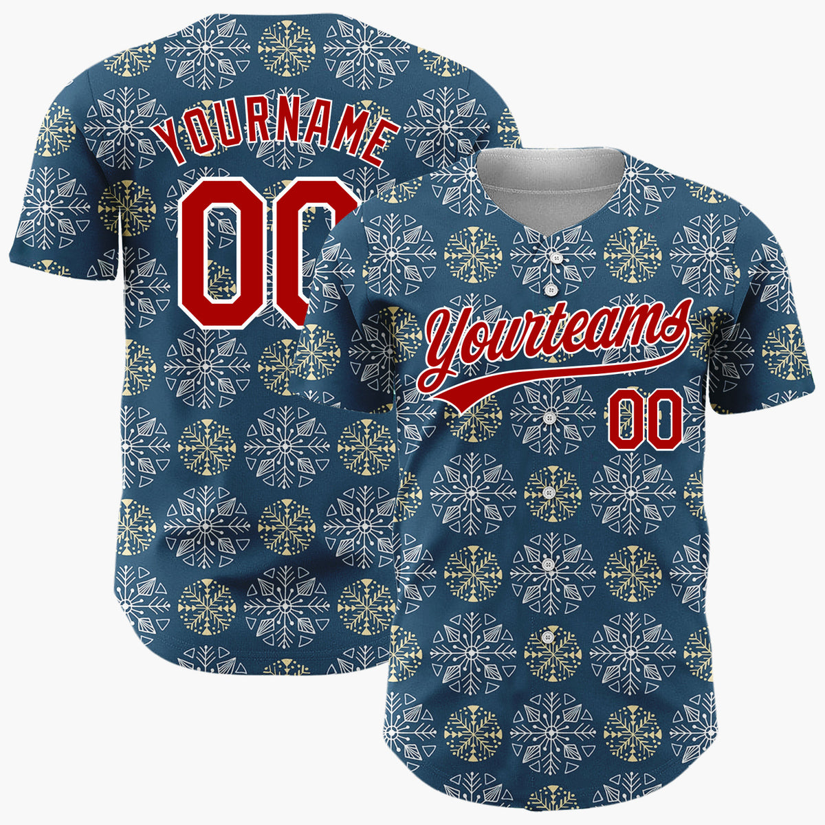 Custom Navy White And Gold Snowflake Geometric Pattern Christmas Baseball Jersey