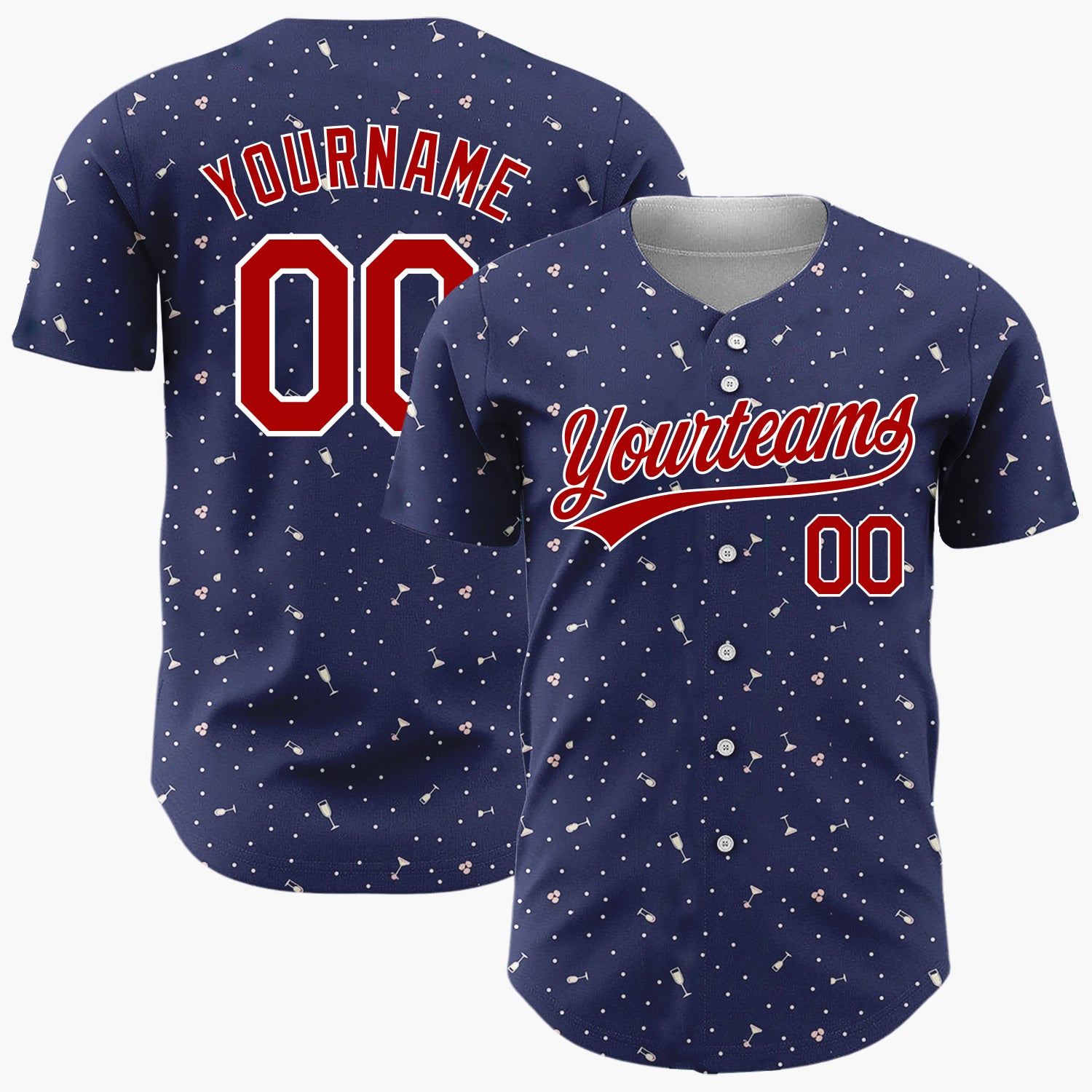 Custom Navy Pink White Champagne Glasses And Confetti New Year Celebration Pattern Christmas Baseball Jersey