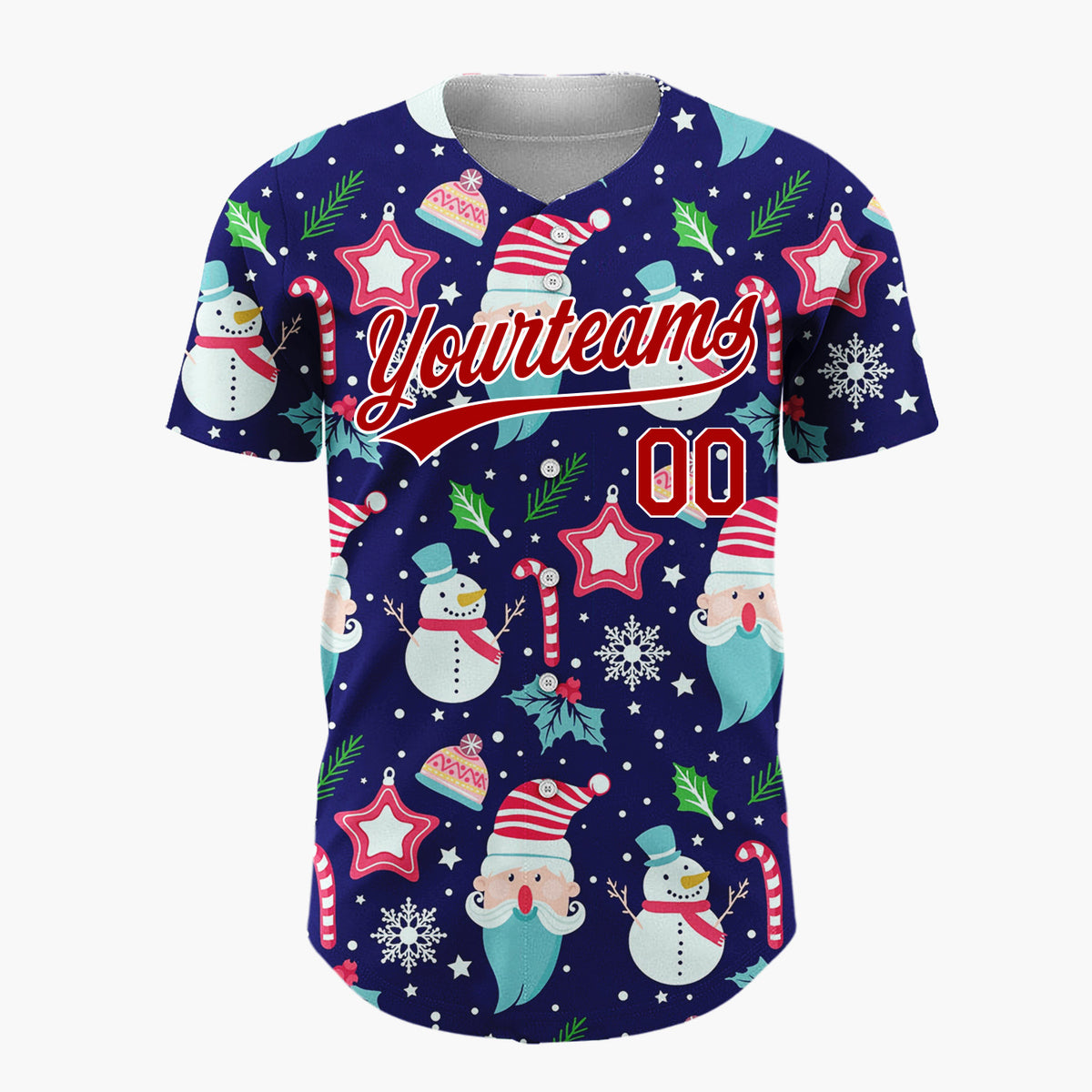 Custom Navy Santa Snowman Cheerful Christmas Baseball Jersey