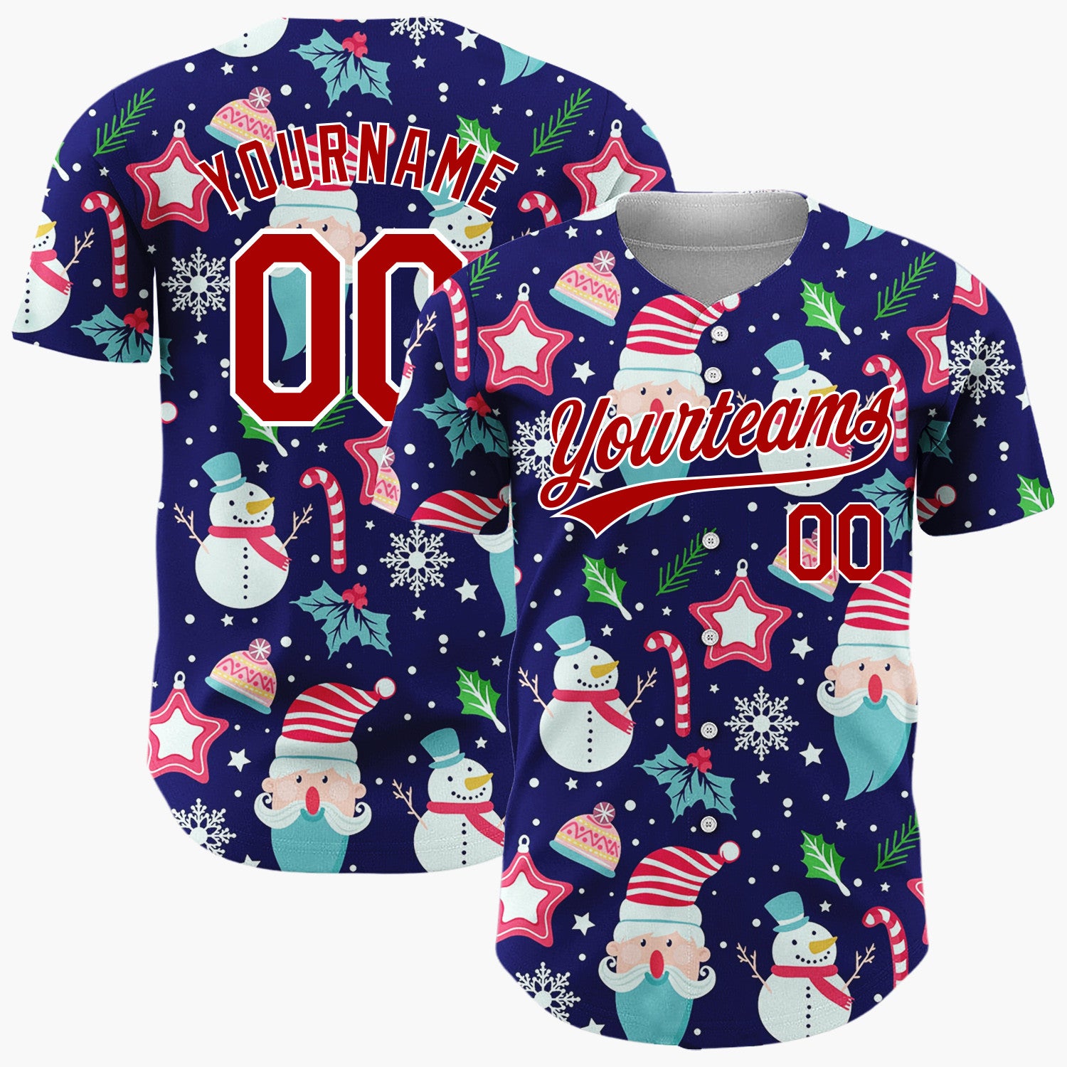 Custom Navy Santa Snowman Cheerful Christmas Baseball Jersey