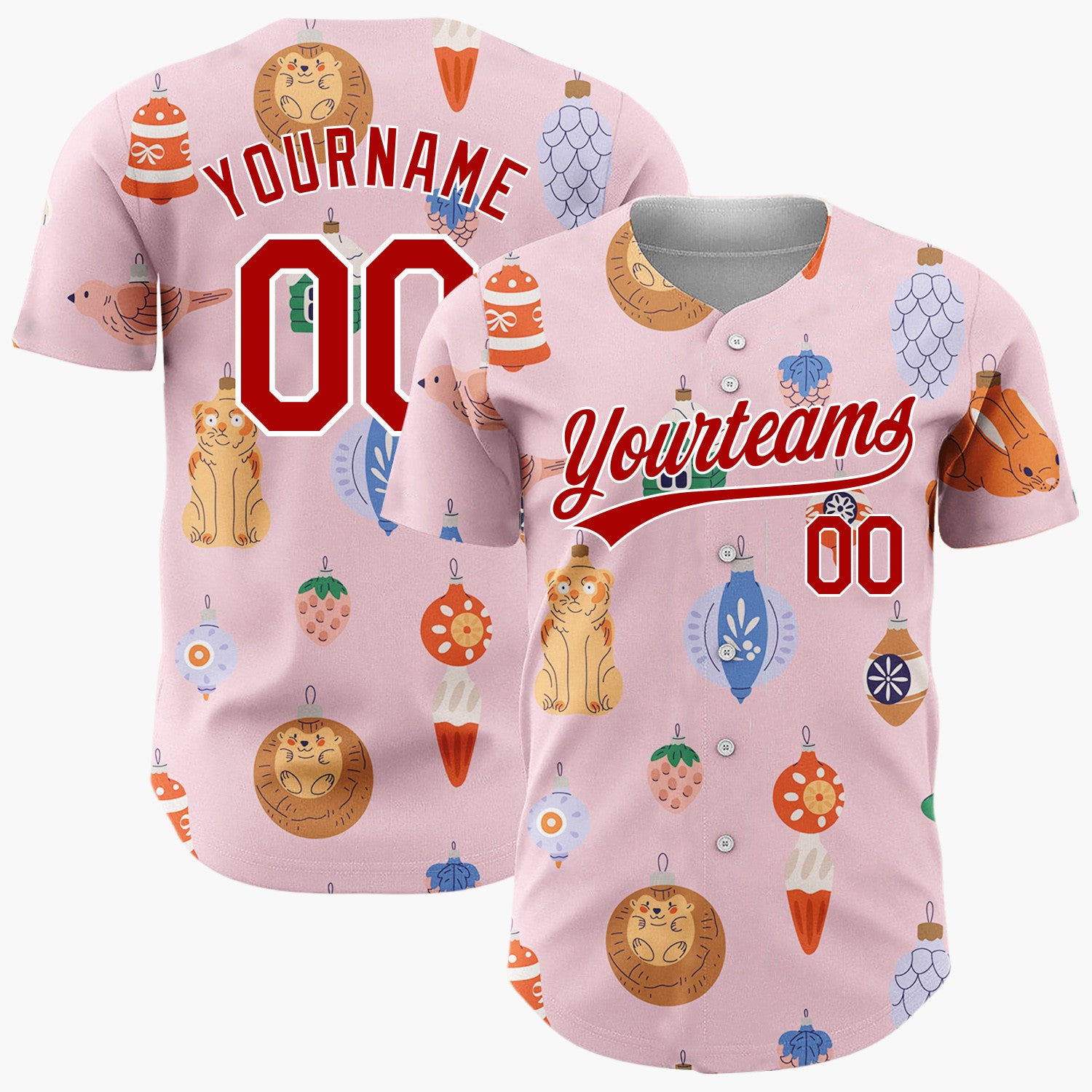 Custom Pink Vintage Animal And Ornament Cartoon Christmas Baseball Jersey