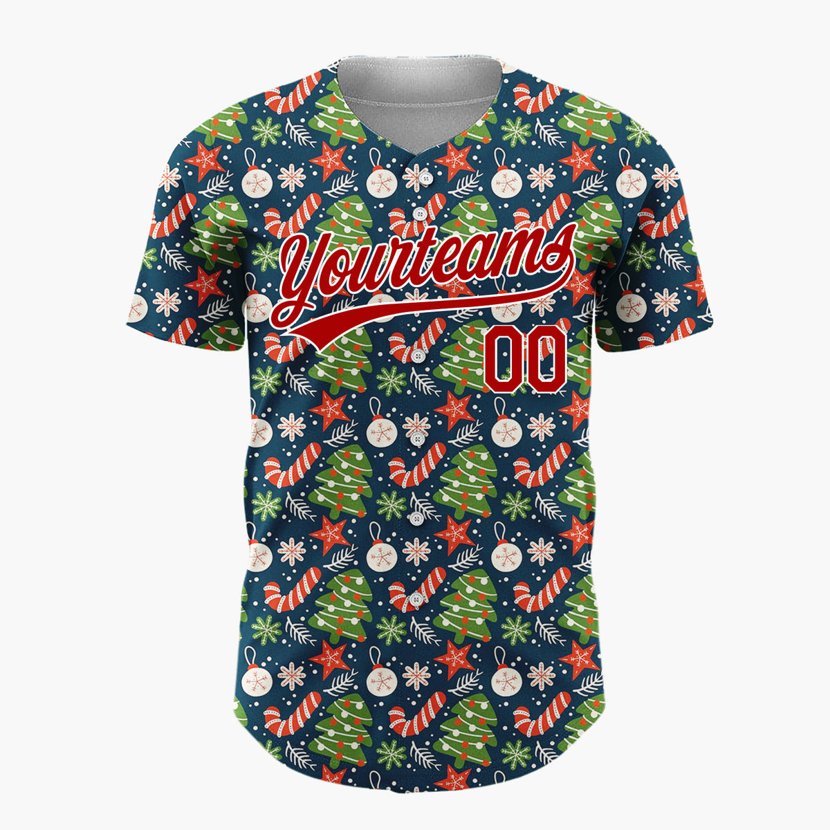 Custom Navy Green Trees Stars And Candy Canes Festive Holiday Pattern Christmas Baseball Jersey