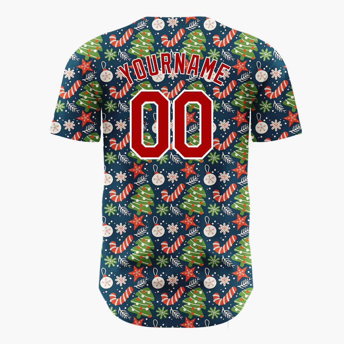 Custom Navy Green Trees Stars And Candy Canes Festive Holiday Pattern Christmas Baseball Jersey