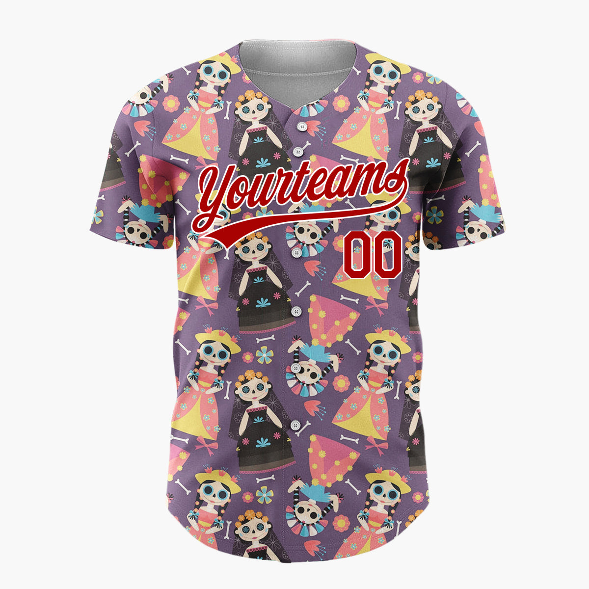 Custom Purple Yellow Skeleton Dolls And Flowers Day Of The Dead Pattern Christmas Baseball Jersey