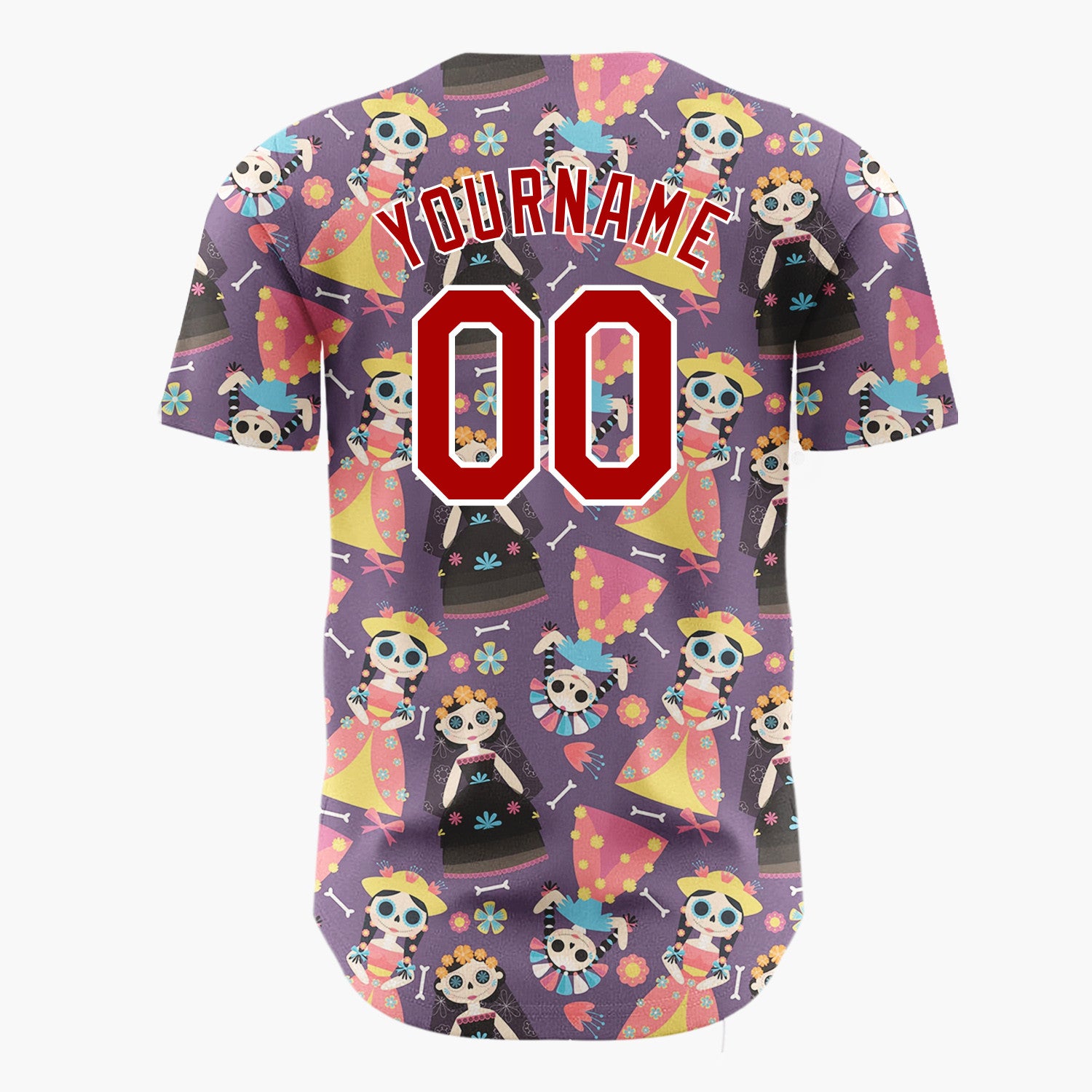 Custom Purple Yellow Skeleton Dolls And Flowers Day Of The Dead Pattern Christmas Baseball Jersey