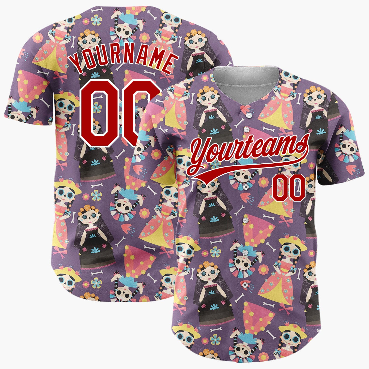 Custom Purple Yellow Skeleton Dolls And Flowers Day Of The Dead Pattern Christmas Baseball Jersey