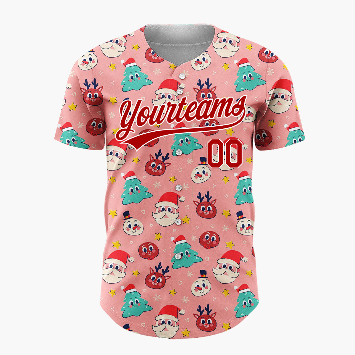 Custom Pink Red Green Santa Faces Trees And Reindeer Fun Christmas Baseball Jersey