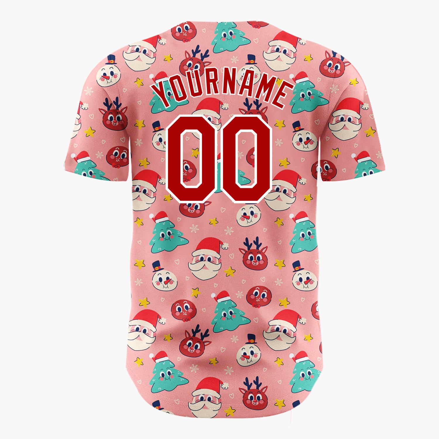 Custom Pink Red Green Santa Faces Trees And Reindeer Fun Christmas Baseball Jersey