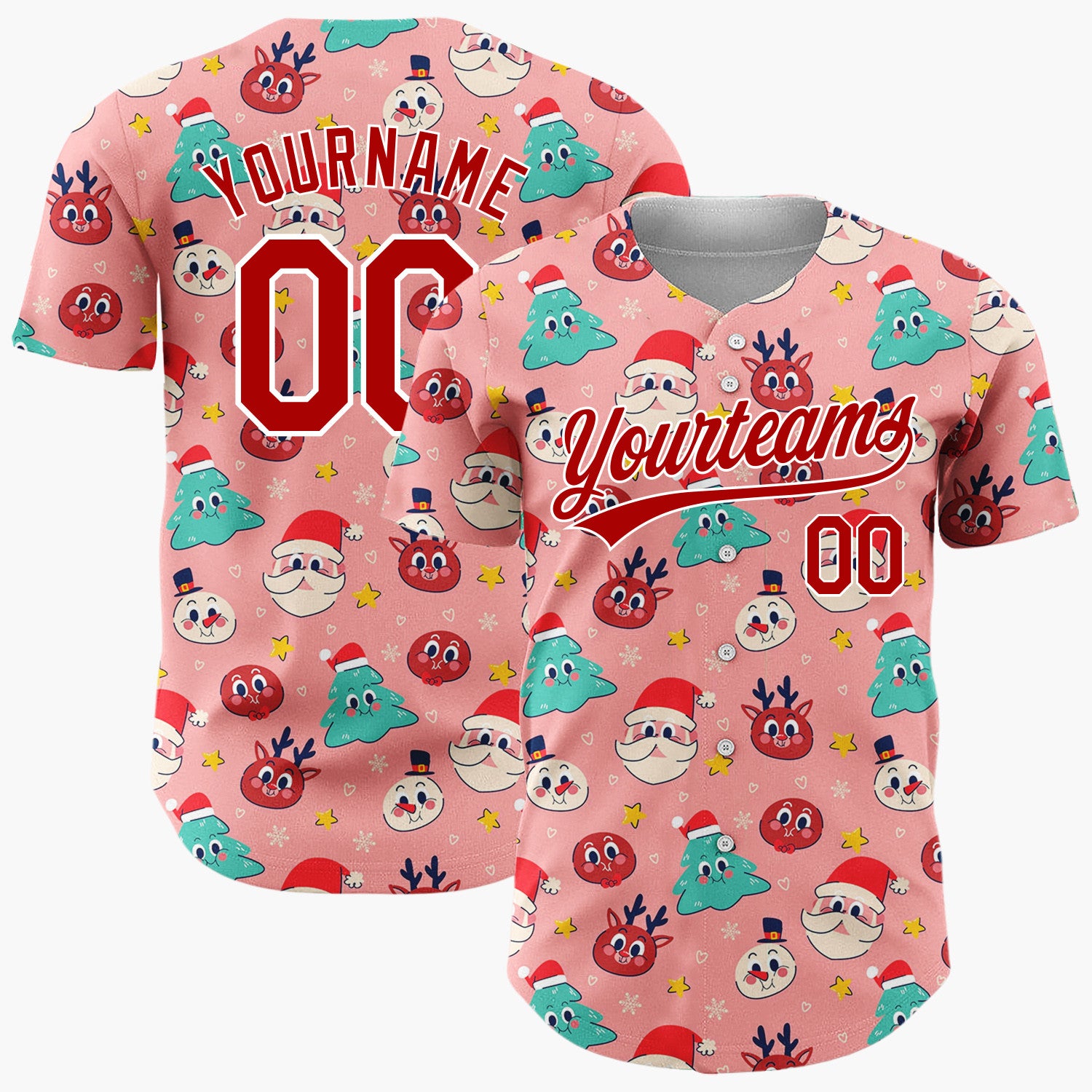 Custom Pink Red Green Santa Faces Trees And Reindeer Fun Christmas Baseball Jersey