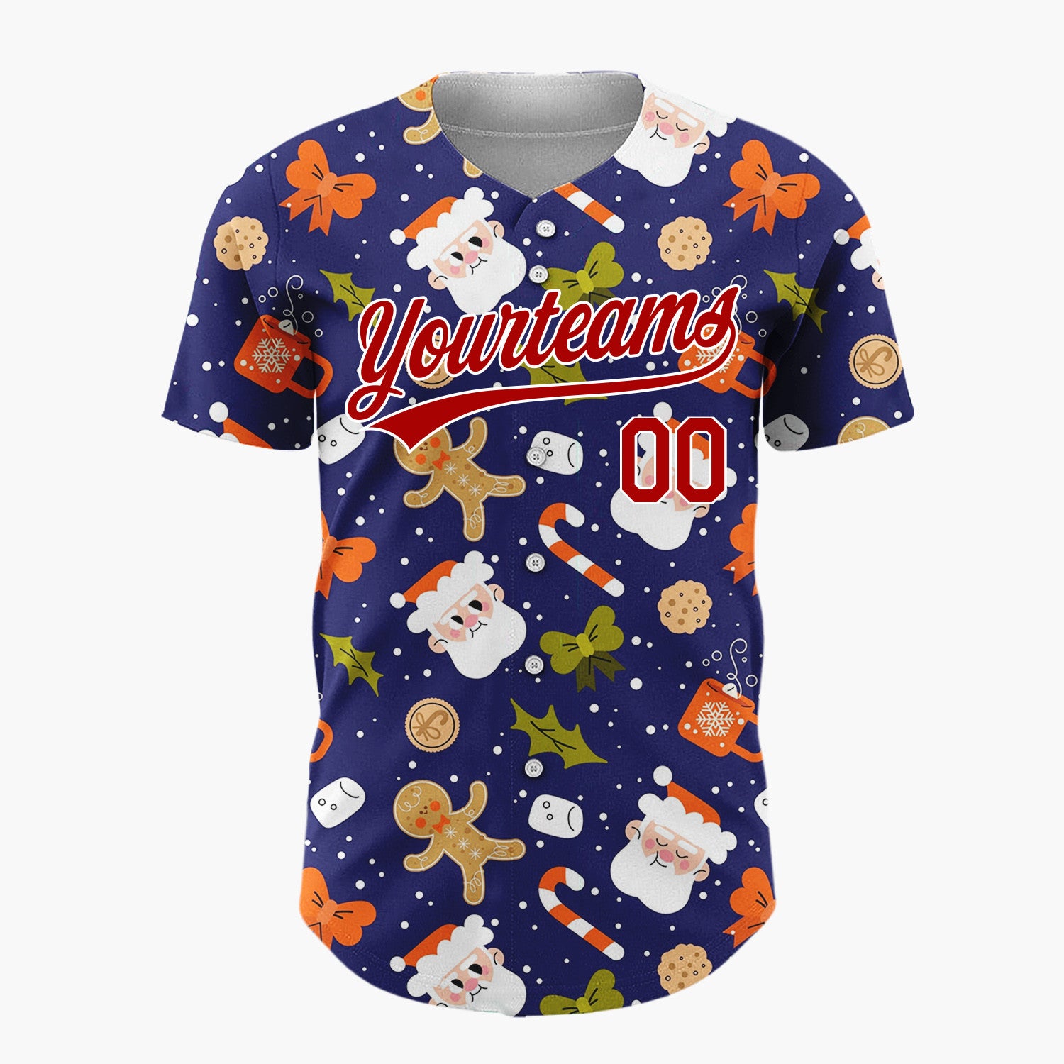 Custom Navy Red Brown Santa Gingerbread And Candy Canes Cute Christmas Baseball Jersey