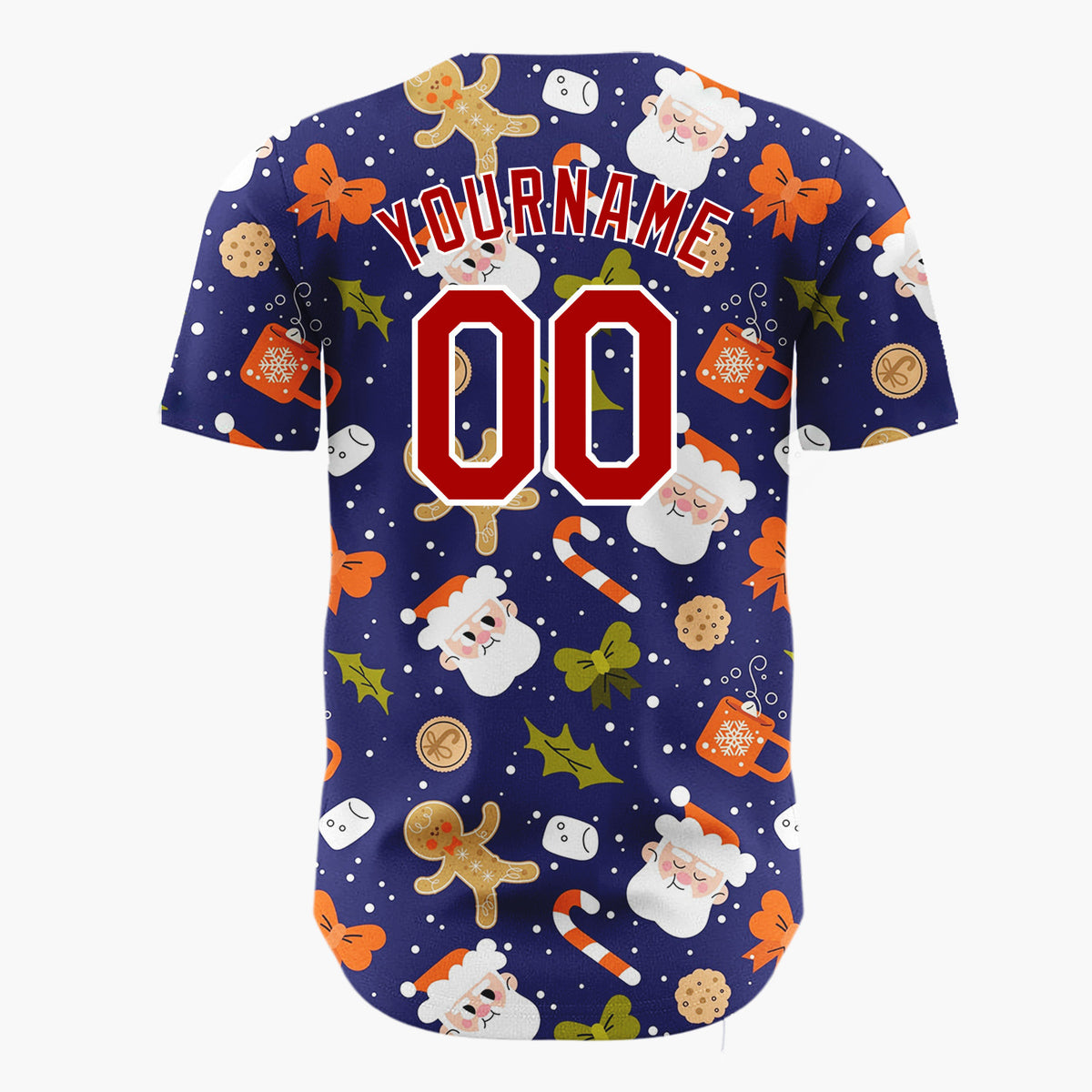Custom Navy Red Brown Santa Gingerbread And Candy Canes Cute Christmas Baseball Jersey