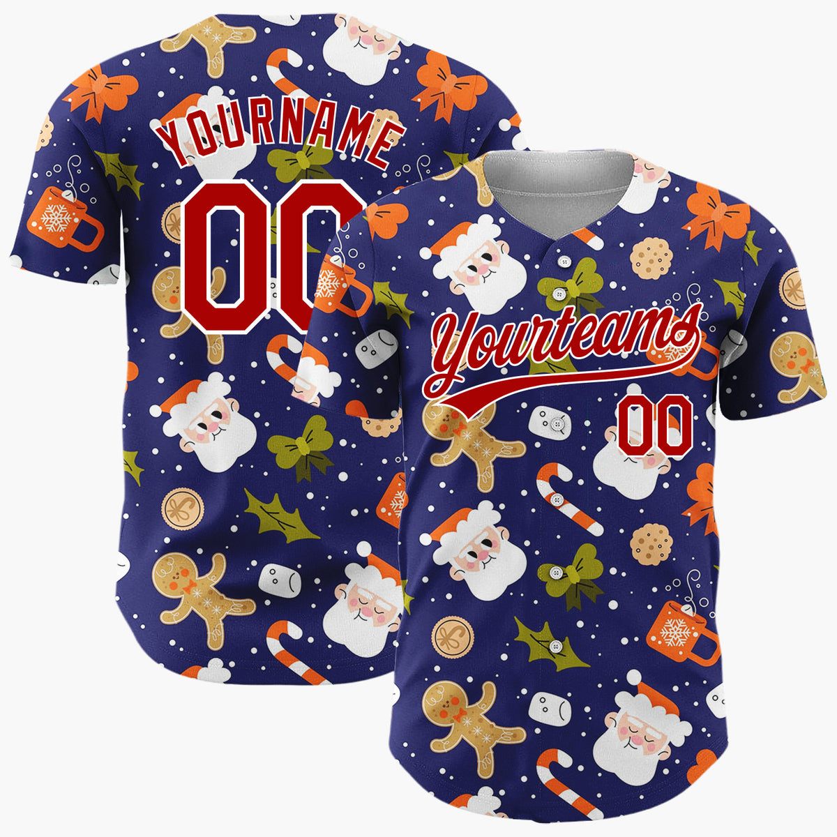 Custom Navy Red Brown Santa Gingerbread And Candy Canes Cute Christmas Baseball Jersey