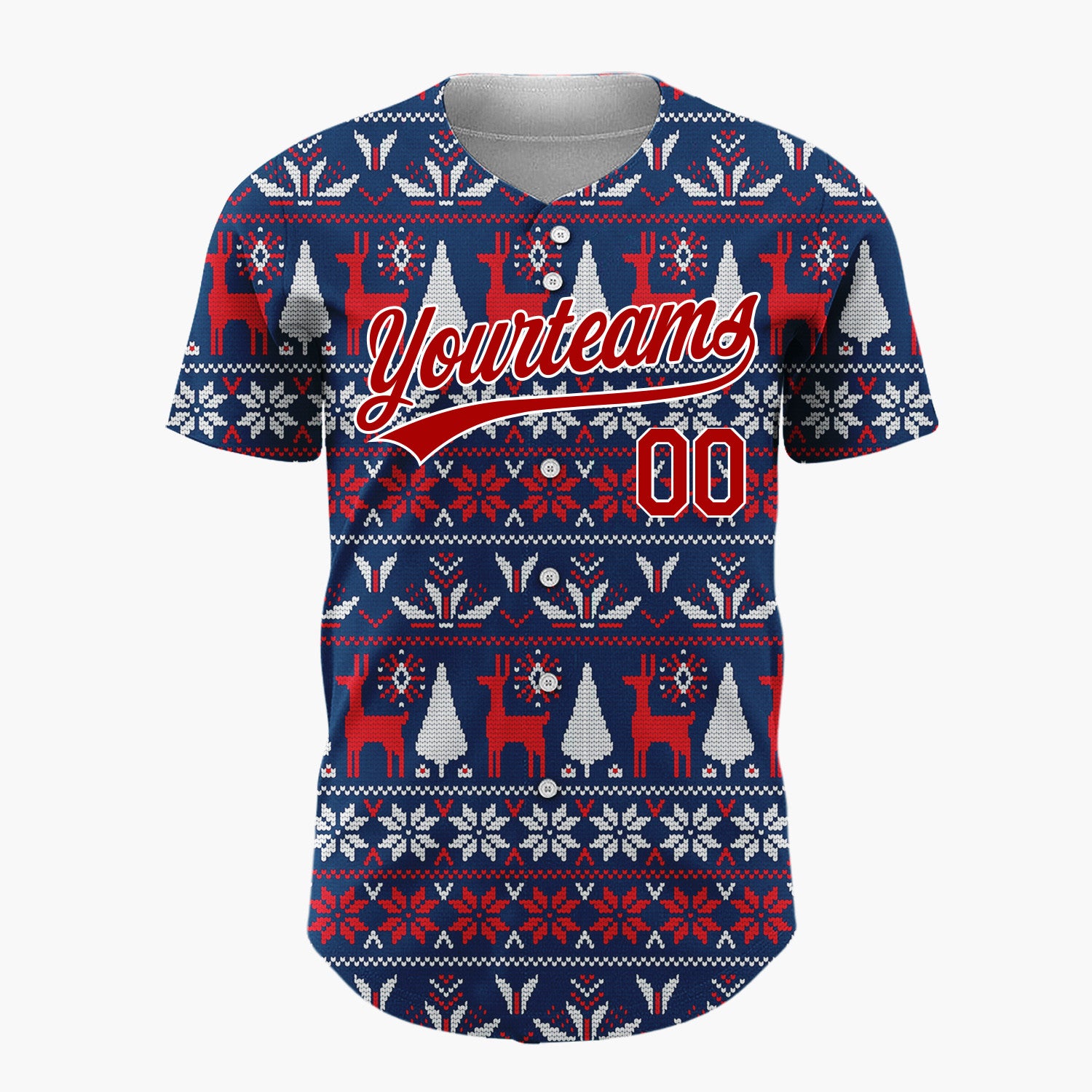 Custom Navy Red White Reindeers Trees And Snowflakes Knitted Christmas Baseball Jersey