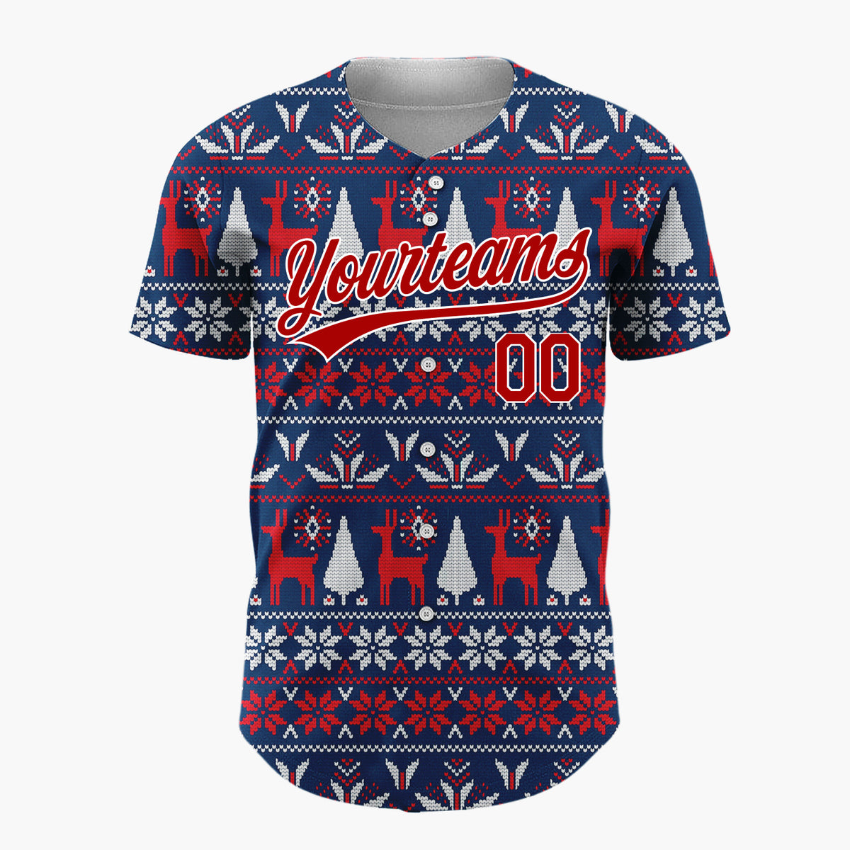 Custom Navy Red White Reindeers Trees And Snowflakes Knitted Christmas Baseball Jersey