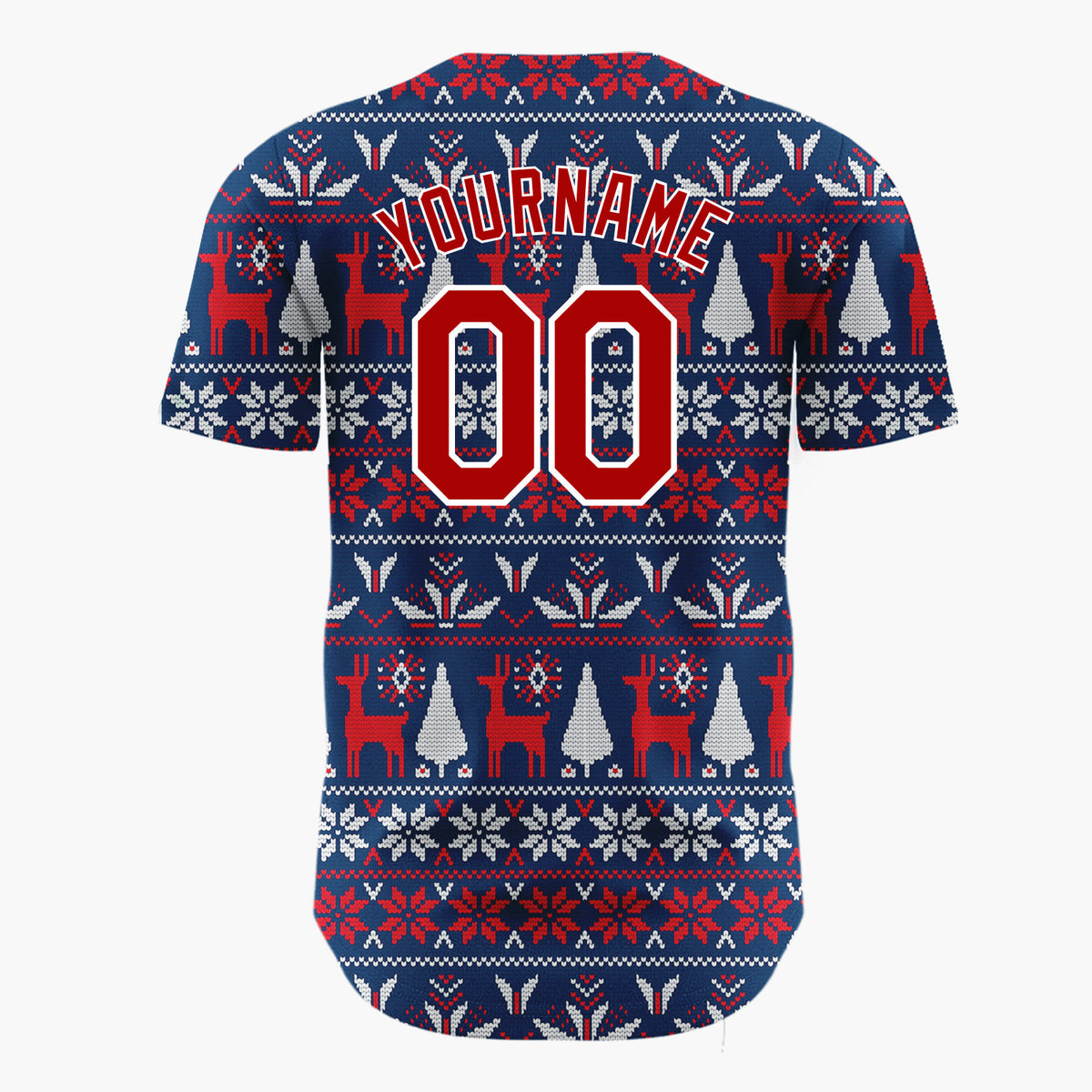 Custom Navy Red White Reindeers Trees And Snowflakes Knitted Christmas Baseball Jersey