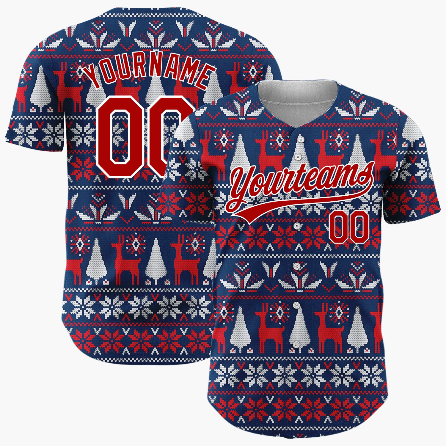 Custom Navy Red White Reindeers Trees And Snowflakes Knitted Christmas Baseball Jersey
