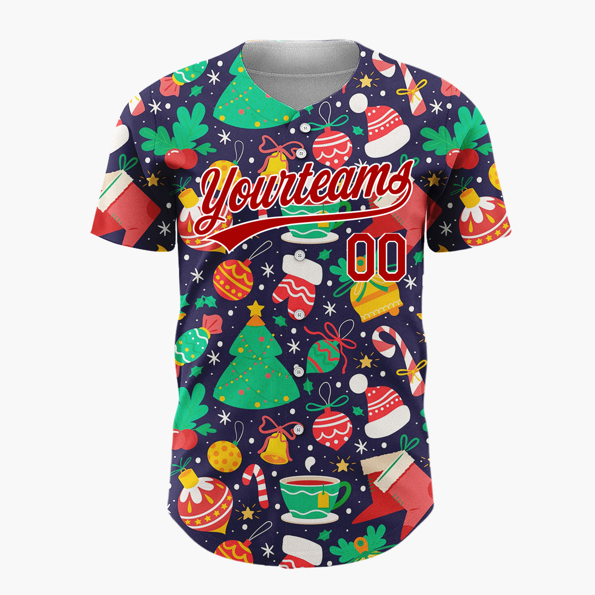 Custom Navy Green Trees Bells And Stockings Classic Christmas Baseball Jersey