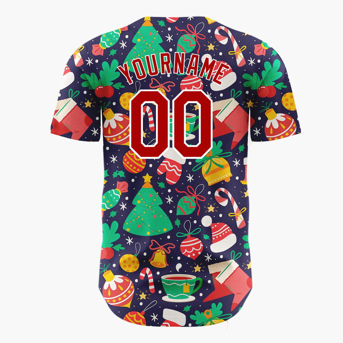 Custom Navy Green Trees Bells And Stockings Classic Christmas Baseball Jersey