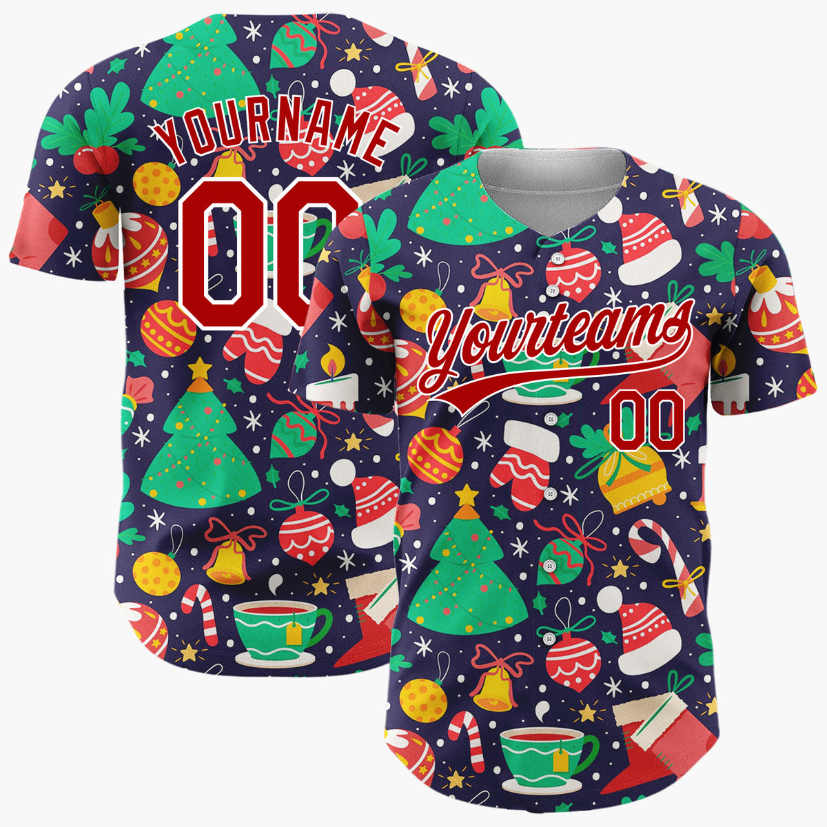 Custom Navy Green Trees Bells And Stockings Classic Christmas Baseball Jersey