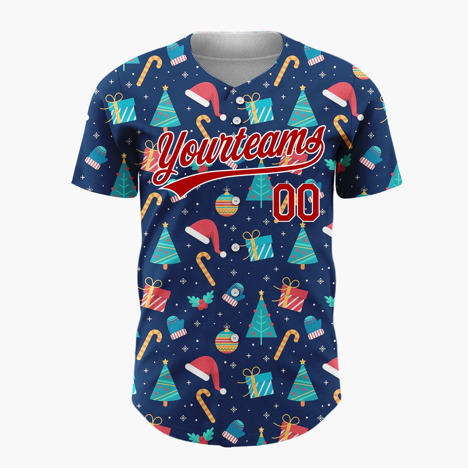 Custom Navy Red Trees Gifts And Hats Christmas Flat Pattern Christmas Baseball Jersey