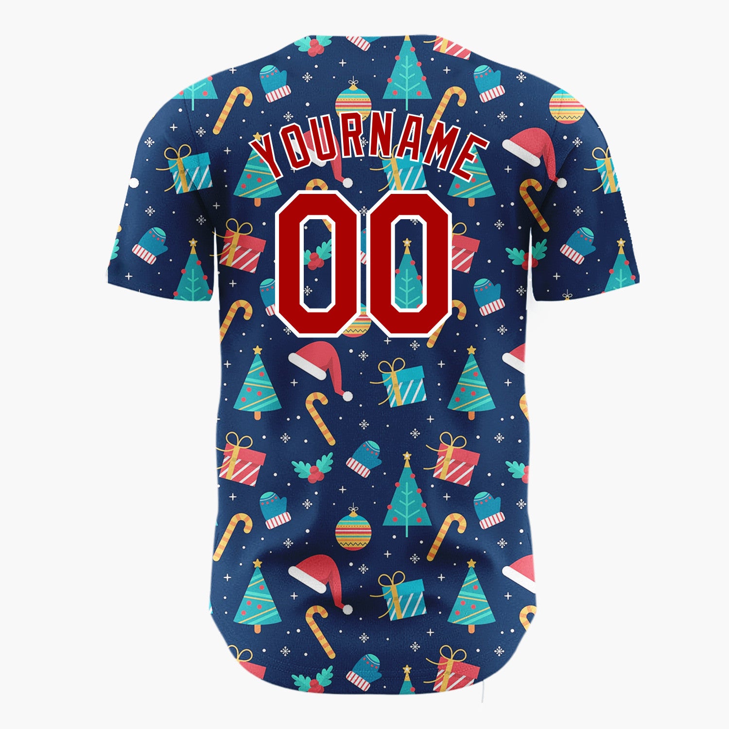 Custom Navy Red Trees Gifts And Hats Christmas Flat Pattern Christmas Baseball Jersey
