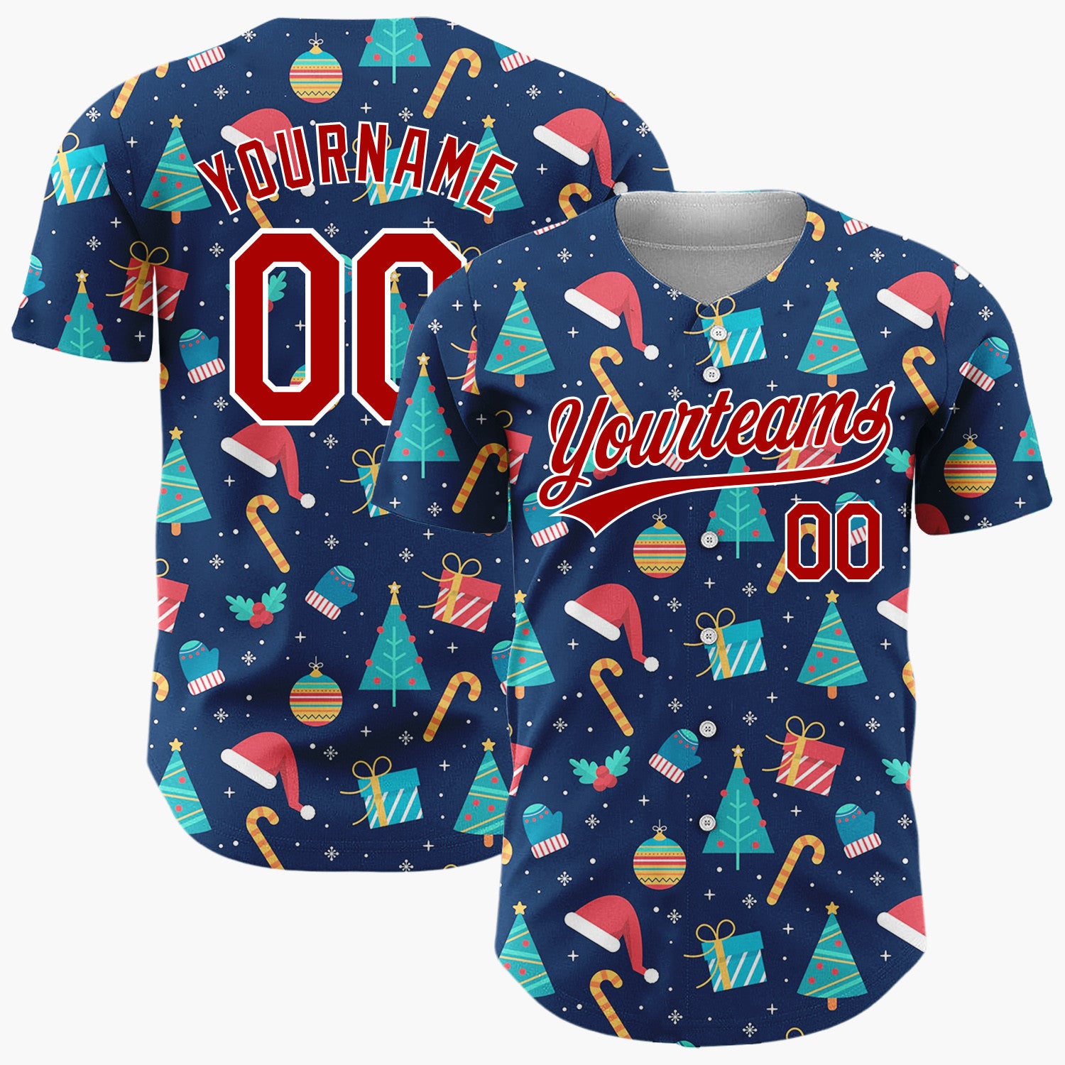 Custom Navy Red Trees Gifts And Hats Christmas Flat Pattern Christmas Baseball Jersey