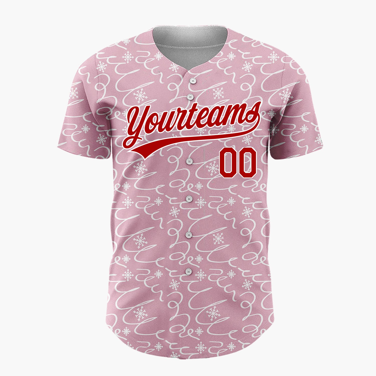 Custom Pink Abstract Swirl And Snowflake Hand Drawn Pattern Christmas Baseball Jersey