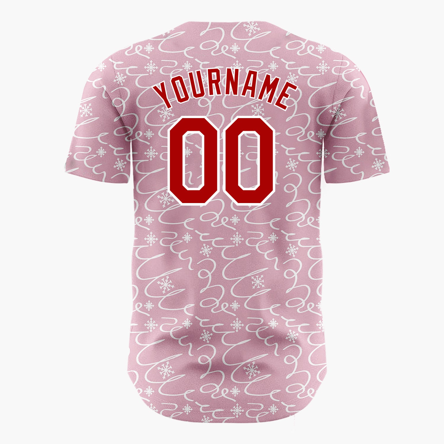 Custom Pink Abstract Swirl And Snowflake Hand Drawn Pattern Christmas Baseball Jersey
