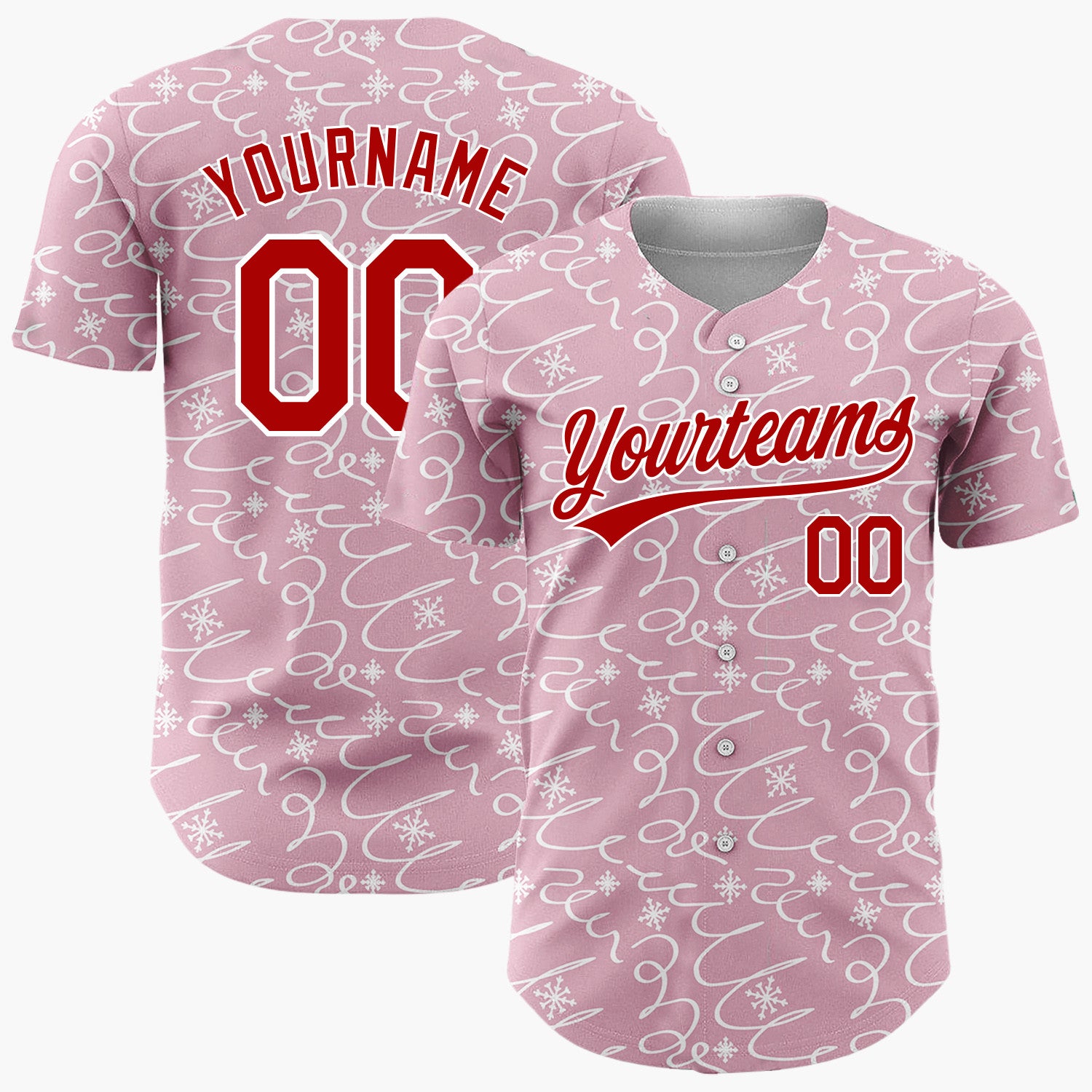 Custom Pink Abstract Swirl And Snowflake Hand Drawn Pattern Christmas Baseball Jersey