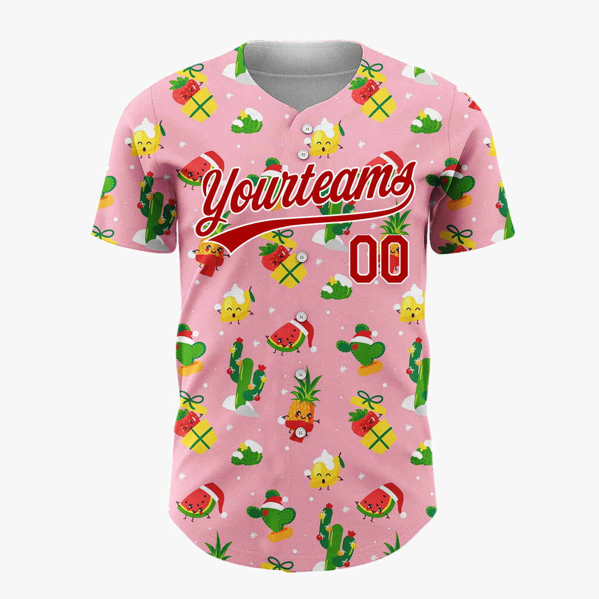 Custom Pink Green Fruits Cactus And Gifts Tropical Christmas Baseball Jersey