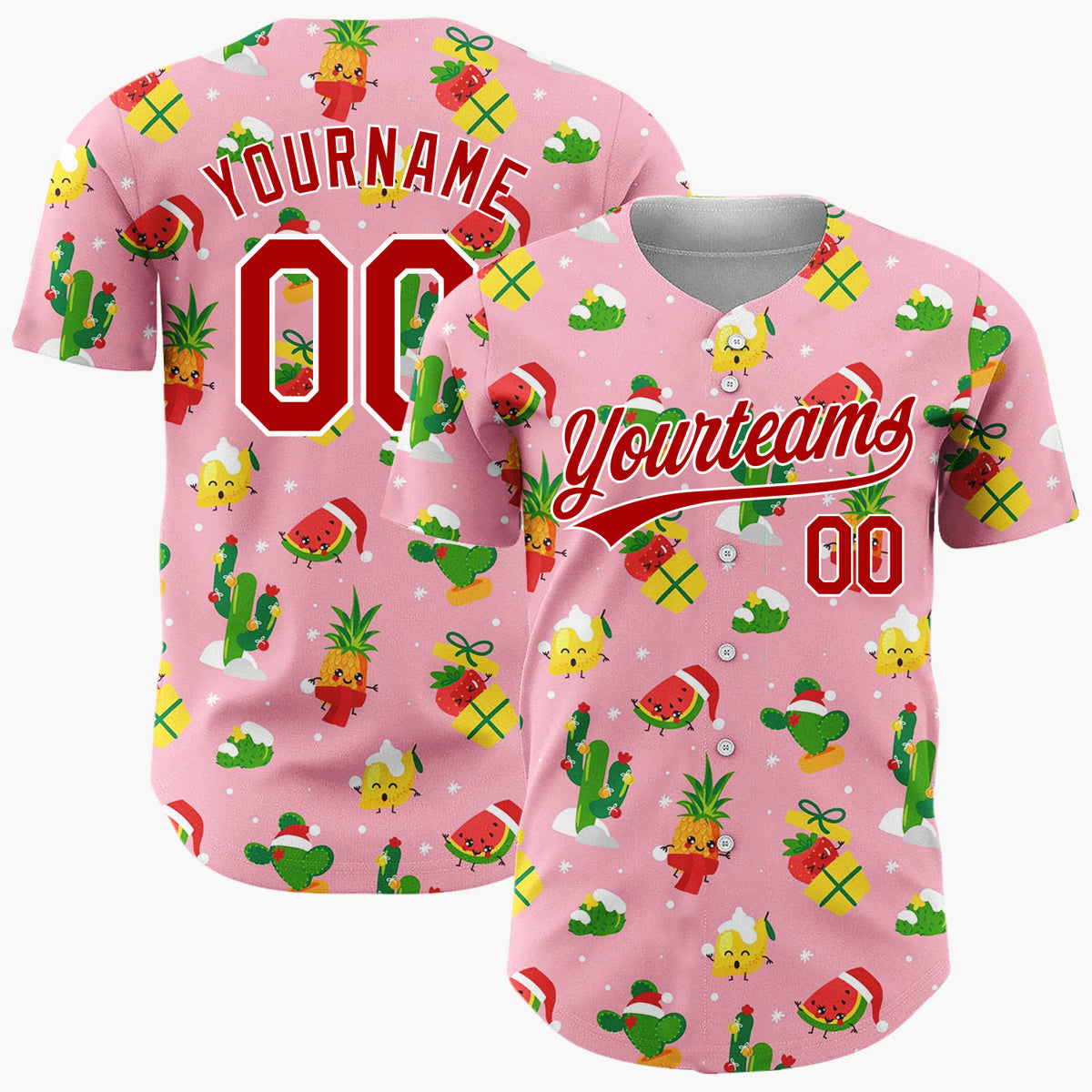 Custom Pink Green Fruits Cactus And Gifts Tropical Christmas Baseball Jersey