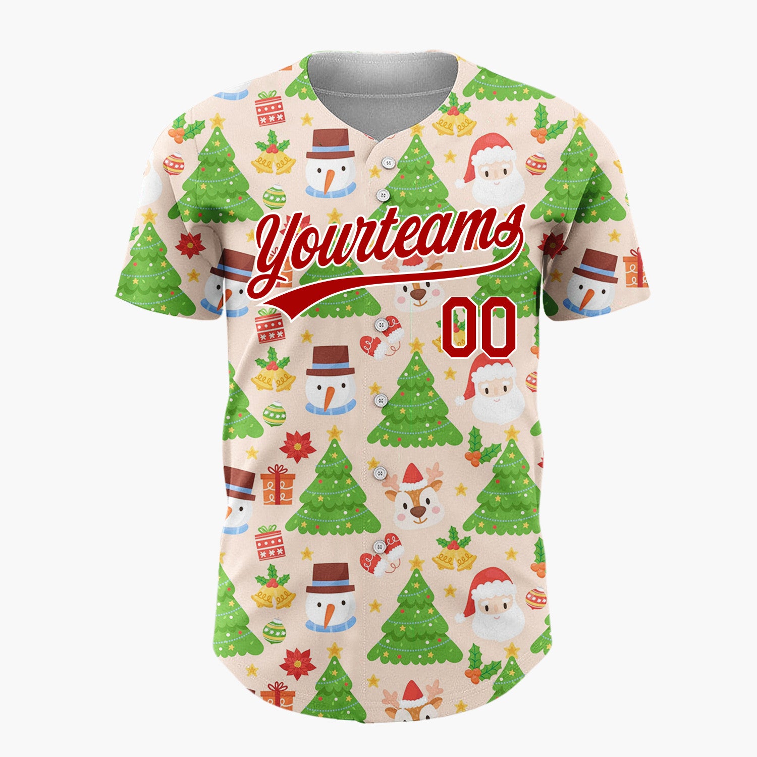 Custom Peach Green Santa Snowmen And Christmas Trees Cheerful Holiday Pattern Christmas Baseball Jersey