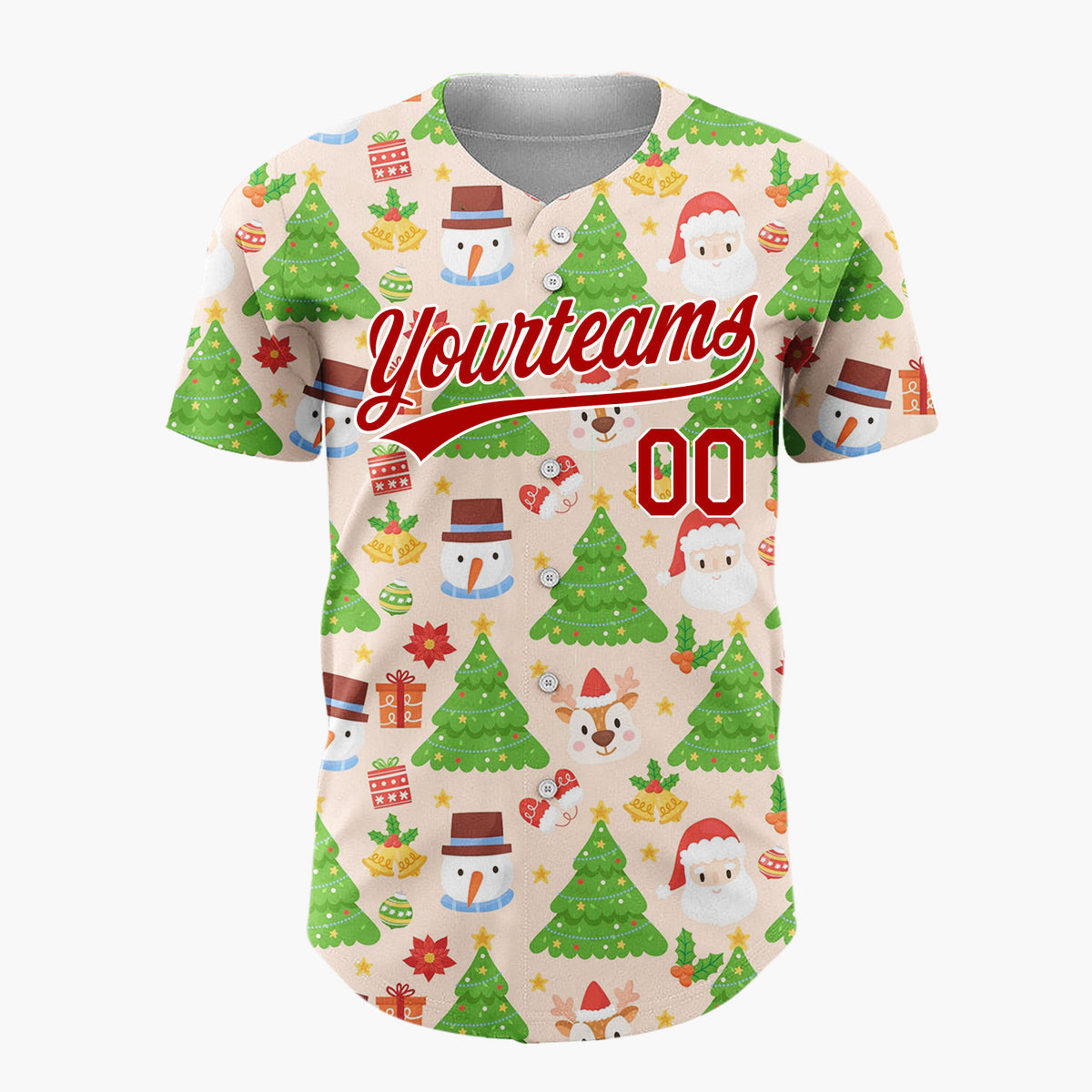 Custom Peach Green Santa Snowmen And Christmas Trees Cheerful Holiday Pattern Christmas Baseball Jersey
