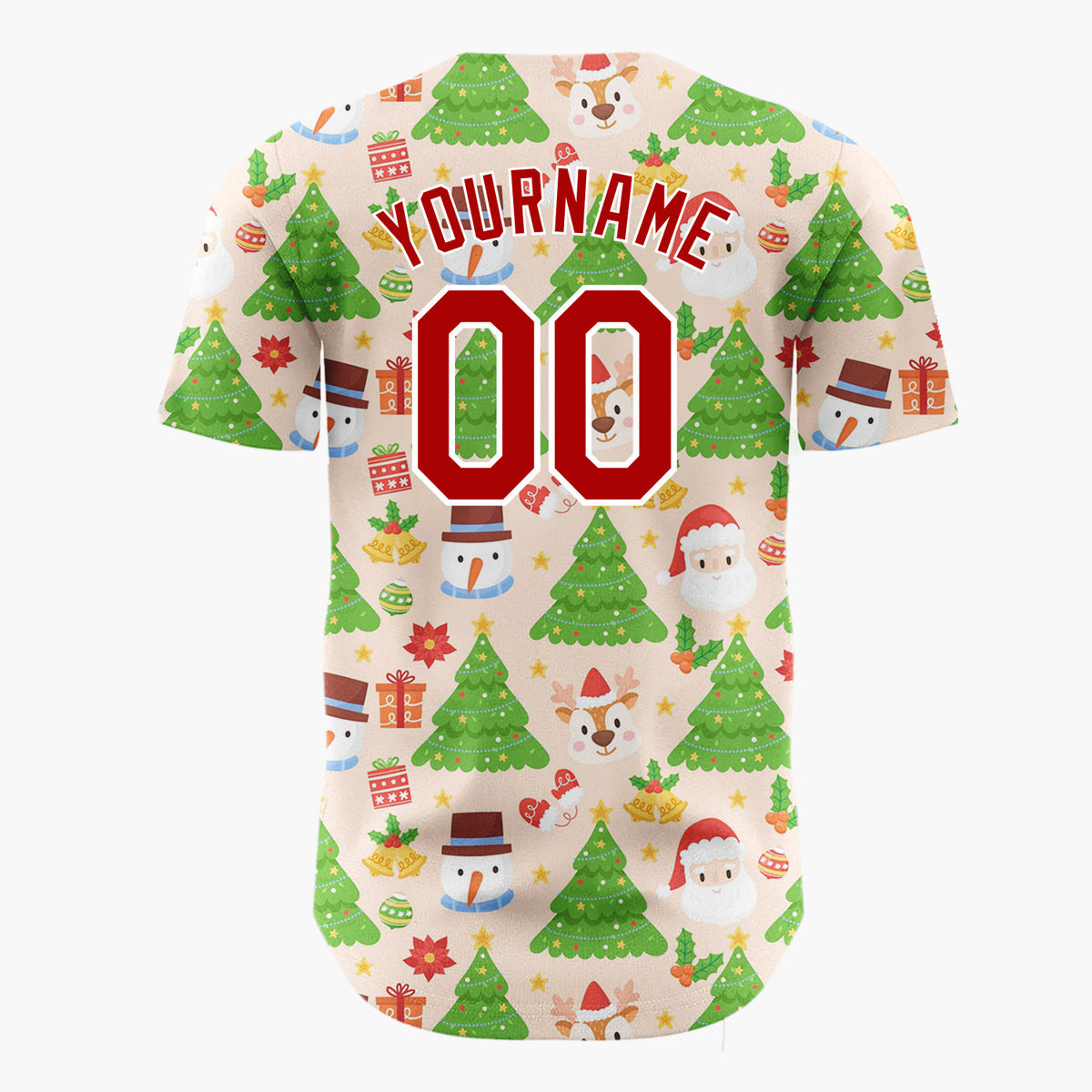 Custom Peach Green Santa Snowmen And Christmas Trees Cheerful Holiday Pattern Christmas Baseball Jersey