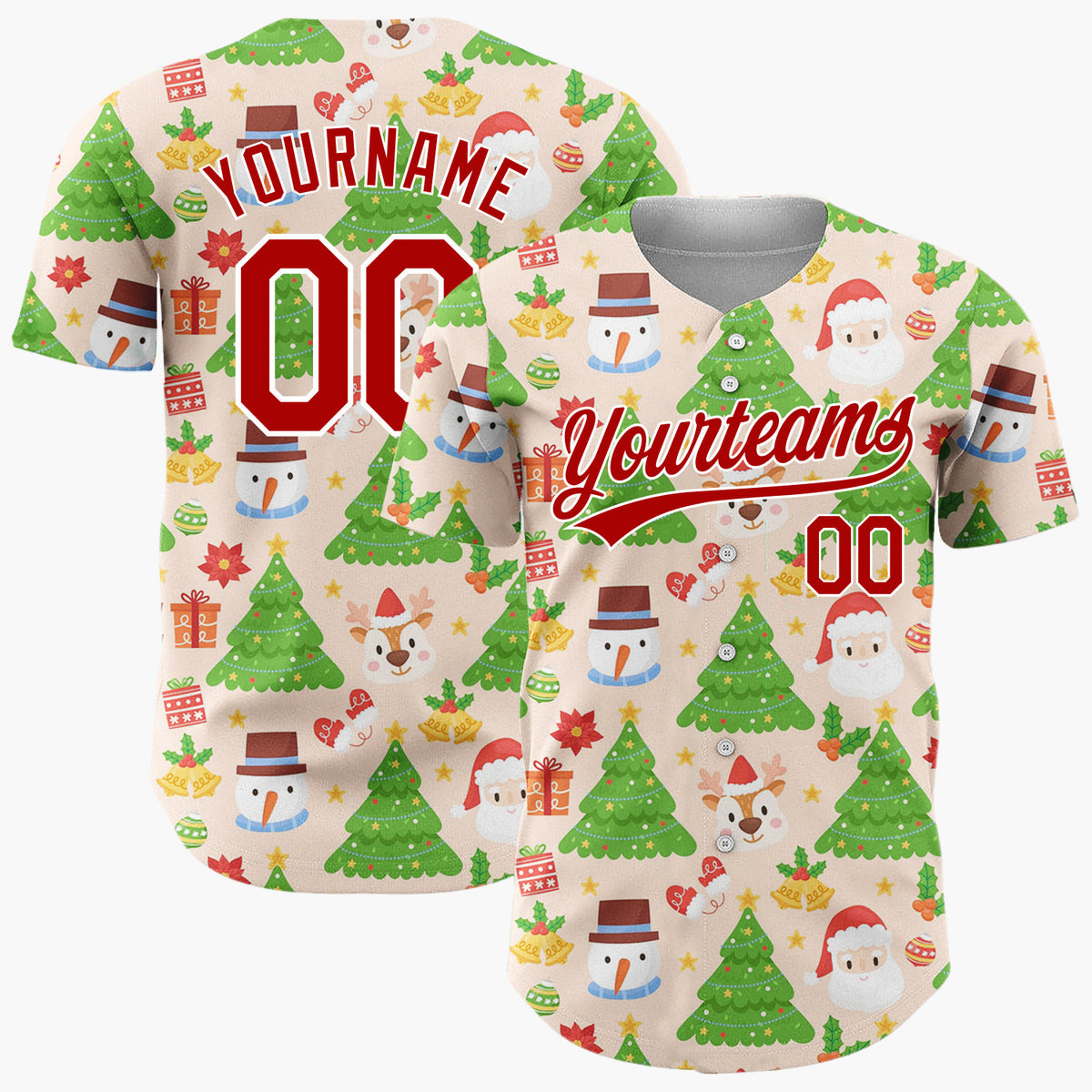 Custom Peach Green Santa Snowmen And Christmas Trees Cheerful Holiday Pattern Christmas Baseball Jersey