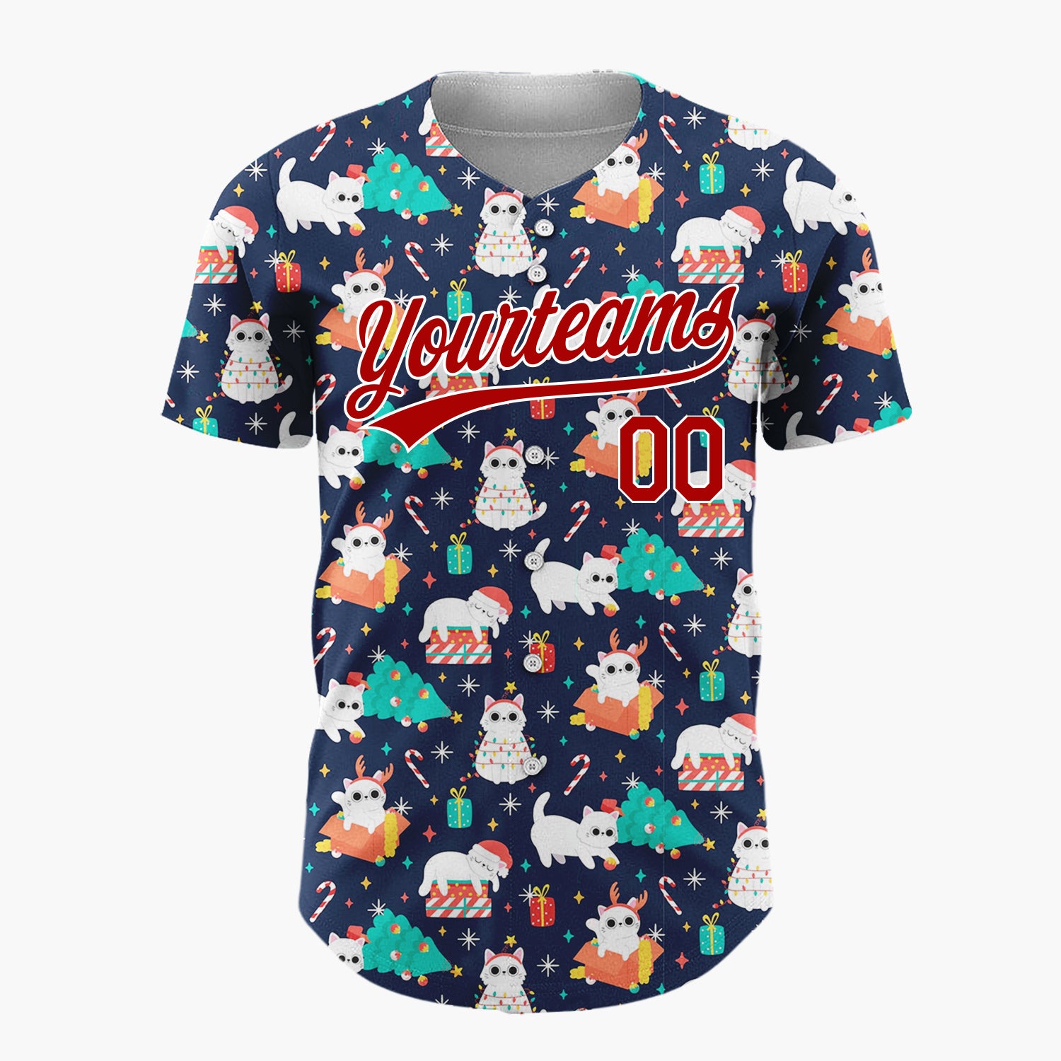 Custom Navy Red Cats Gifts And Trees Playful Christmas Baseball Jersey